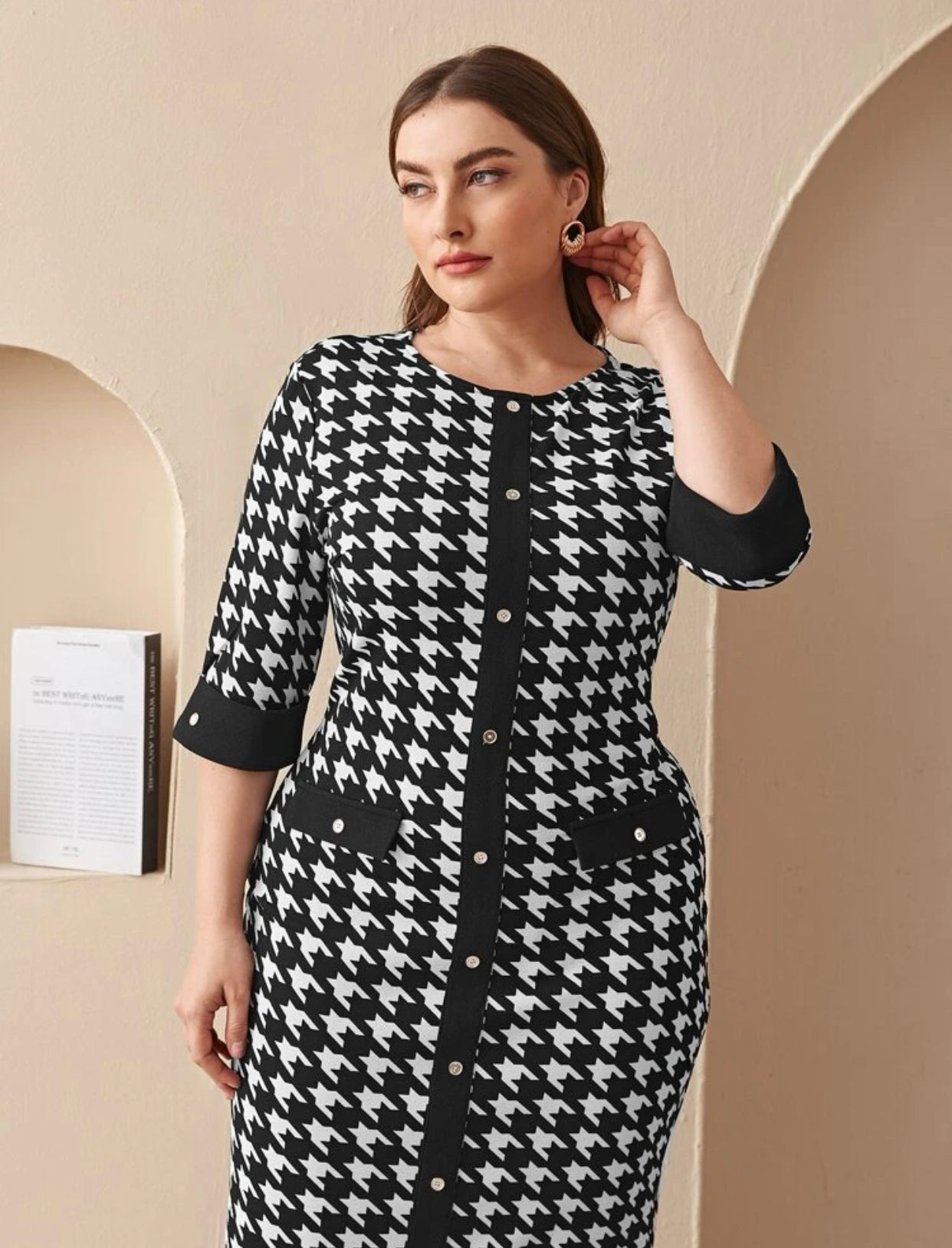 Houndstooth Print Back Slit Dress, US Sizes 12 - 22