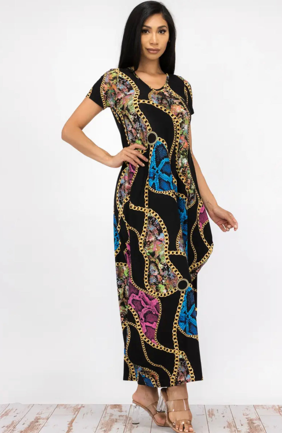 Chain Print Short Sleeve Maxi Dress, Sizes Small - 3XLarge