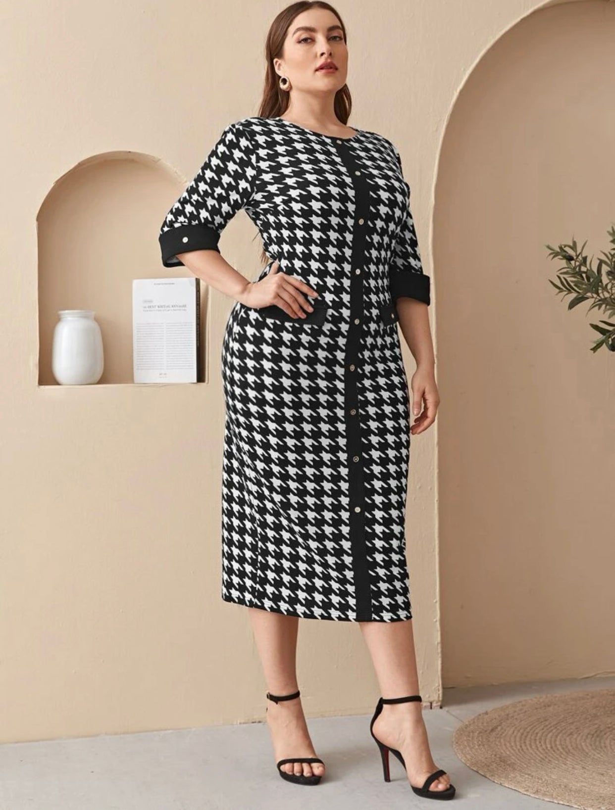 Houndstooth Print Back Slit Dress, US Sizes 12 - 22