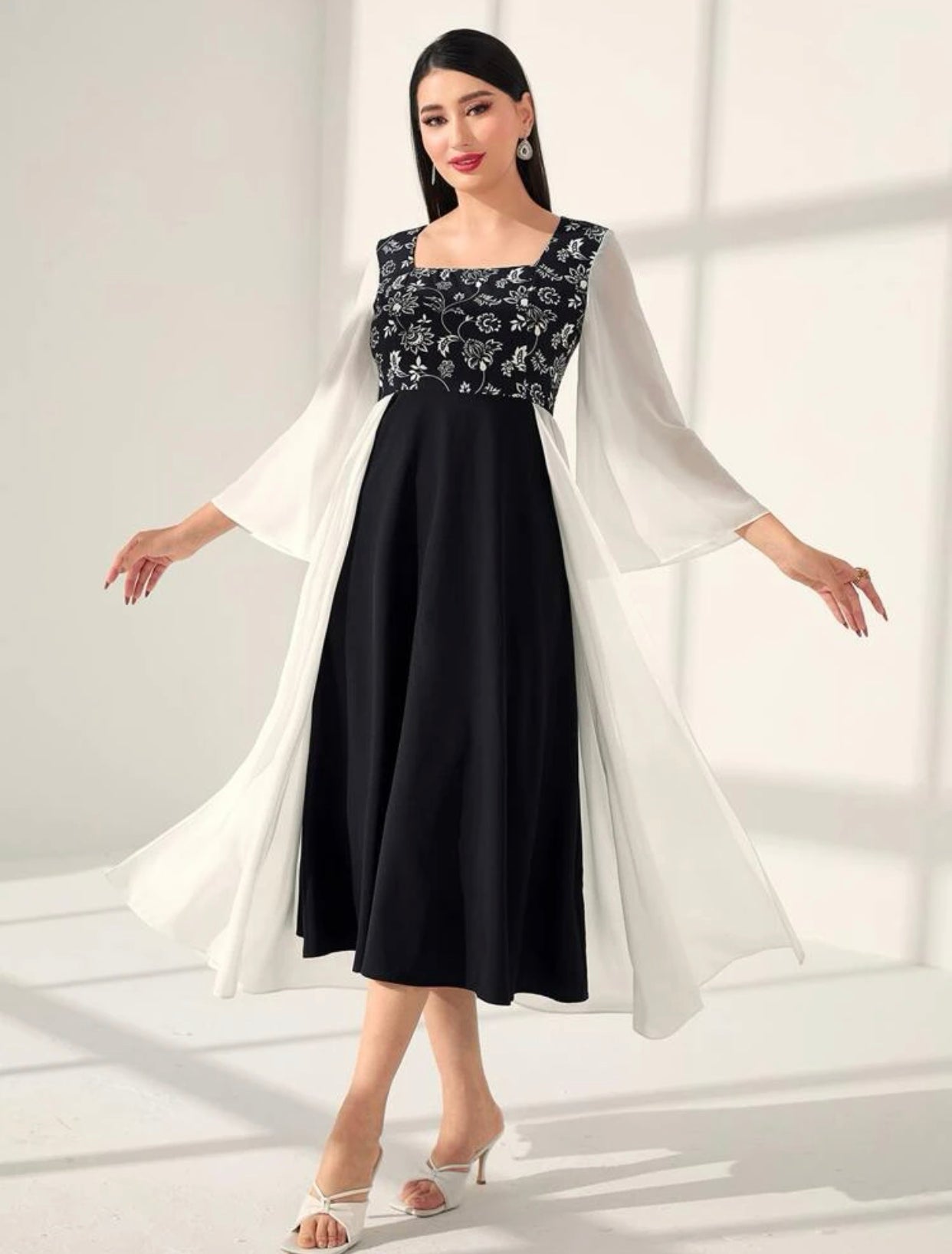Asymmetrical Embroidered Trumpet Sleeve Dress