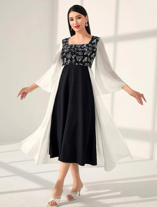 Asymmetrical Embroidered Trumpet Sleeve Dress