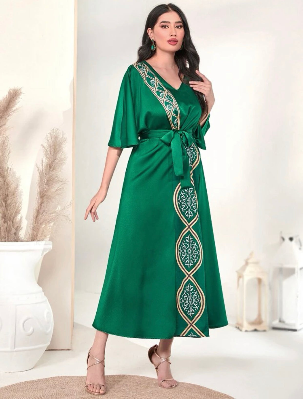 Elegant Green Batwing Kaftan Dress (US Size 4 - 12)