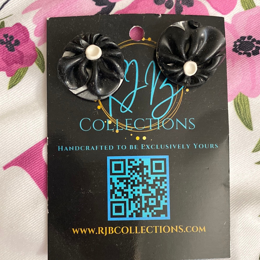 Handmade Black on White Floral Pierced Earrings
