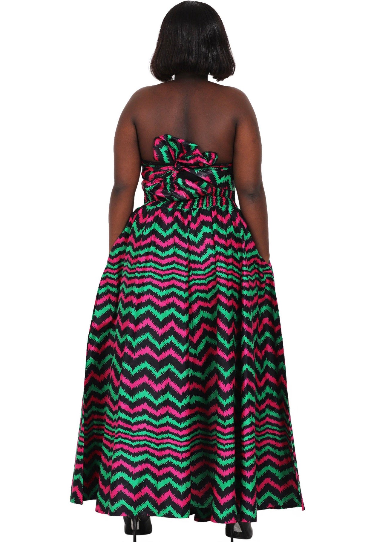 Hand Made African Print Full Skirt with Coordinating Head Wrap and FaceMask (Magenta, Green, Black)