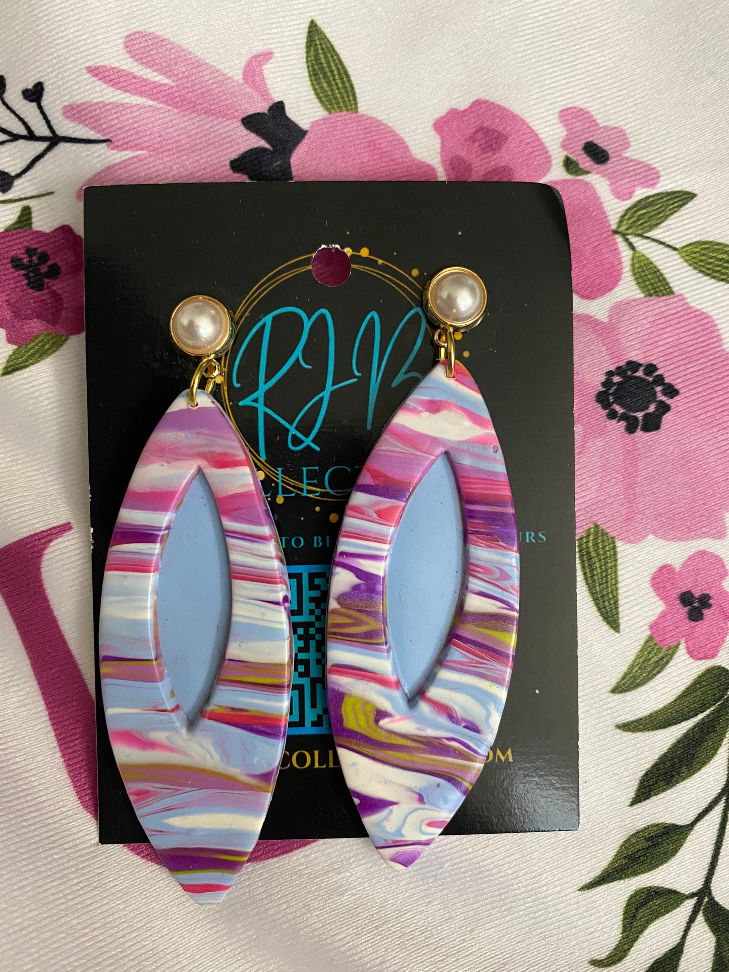 Handmade Pearl Top Pink and Violet Swirl Pierced Earrings