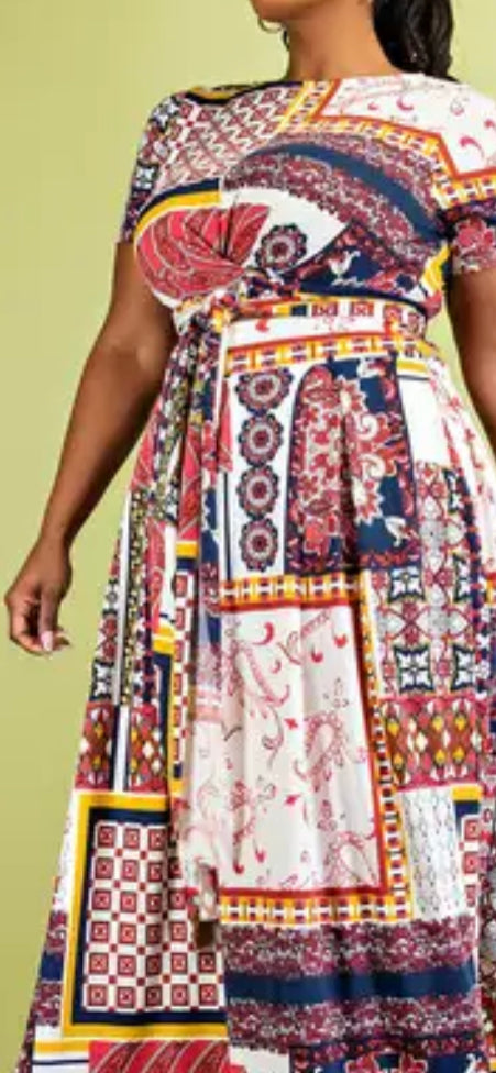 WRAP AROUND SHORT SLEEVE TOP AND MAXI SKIRT SET, Sizes 1X - 3X