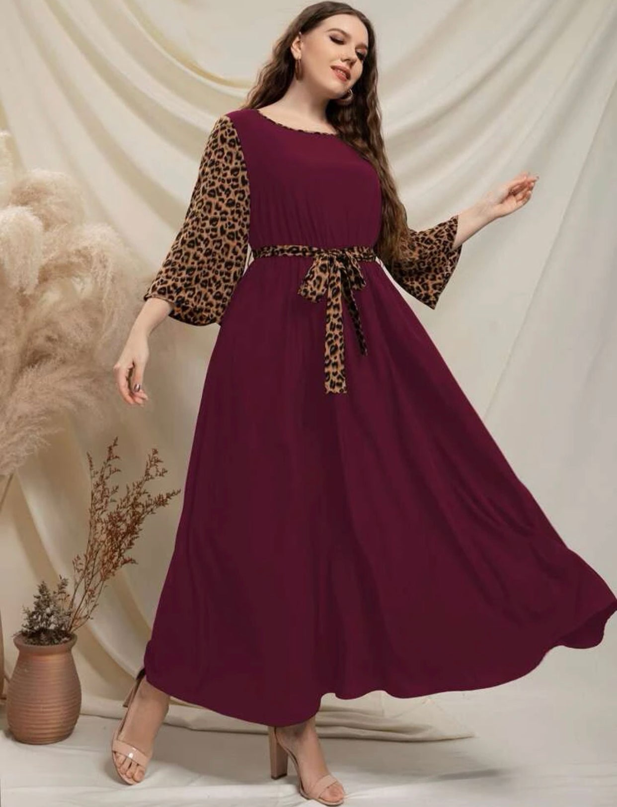Leopard Print Trumpet Sleeve Dress, US Sizes 12 - 22