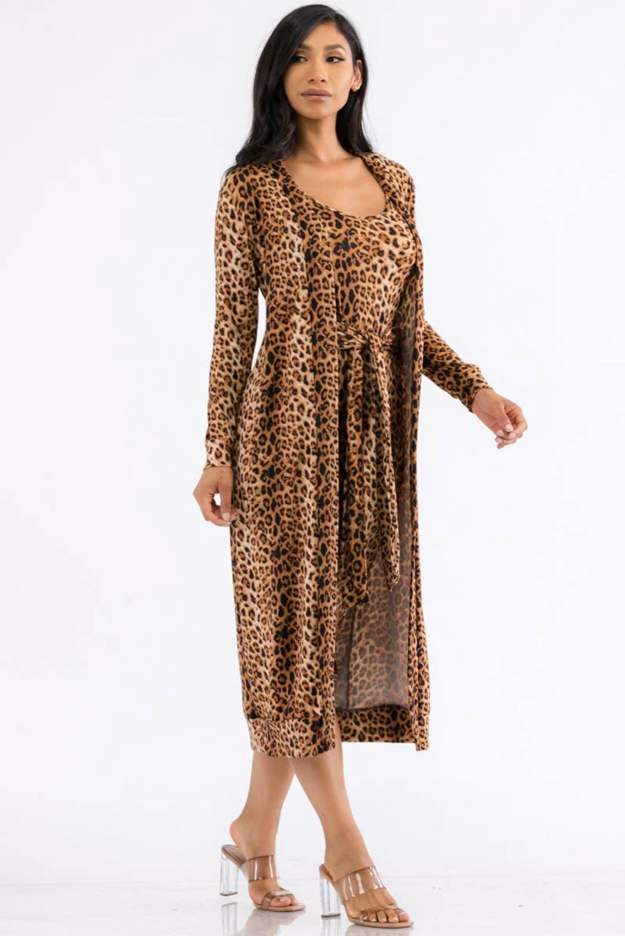 Two-Piece Dress and Cardigan Set, Sizes Small - 1XLarge (Leopard Print)