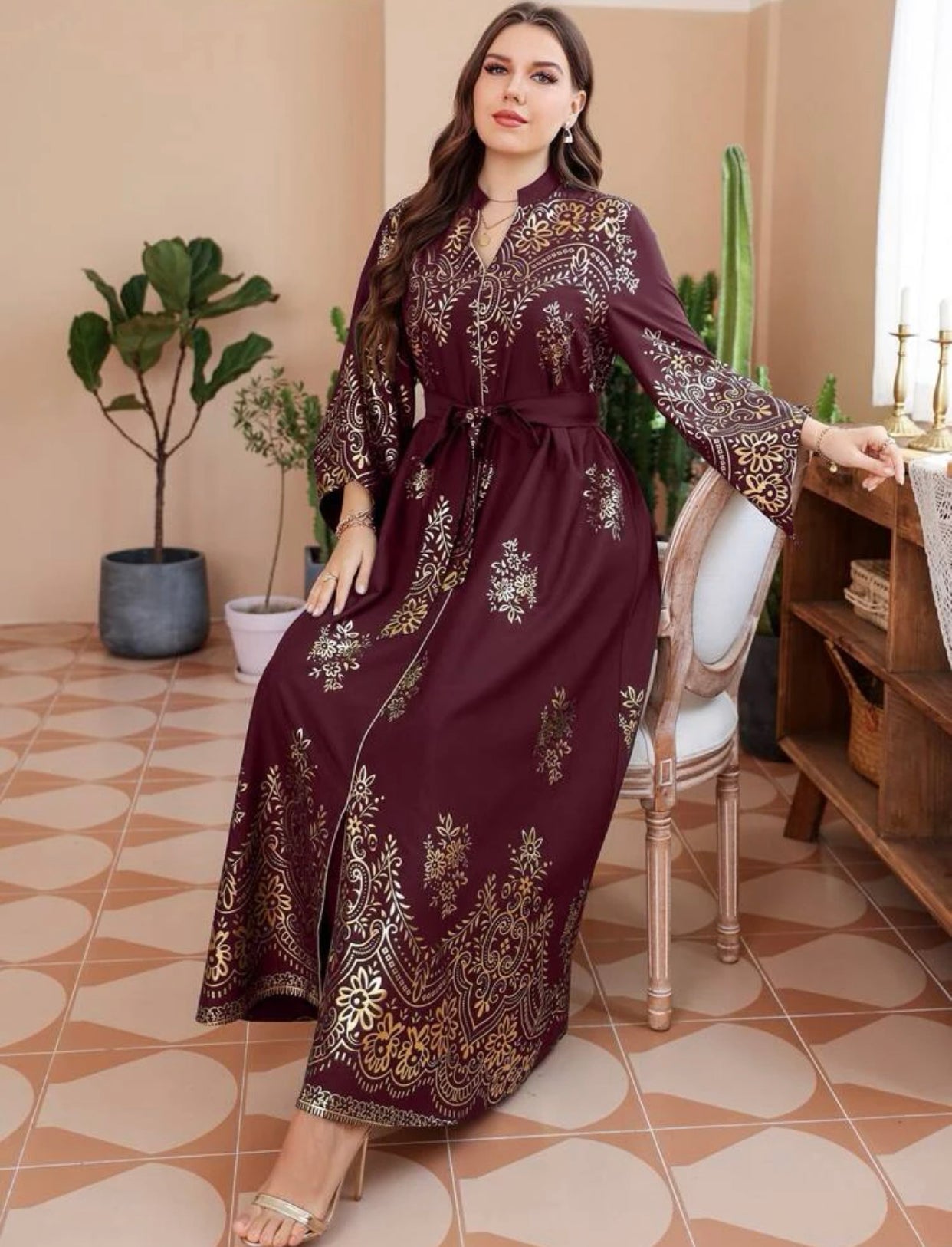 Burgundy Gold Floral Indian/ Arabic Dress (US Sizes 12 - 20)