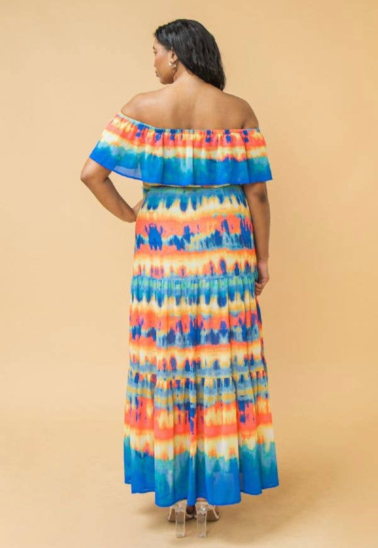 Blue Coral Flounce Neckline Maxi Dress, Sizes 1X - 3X