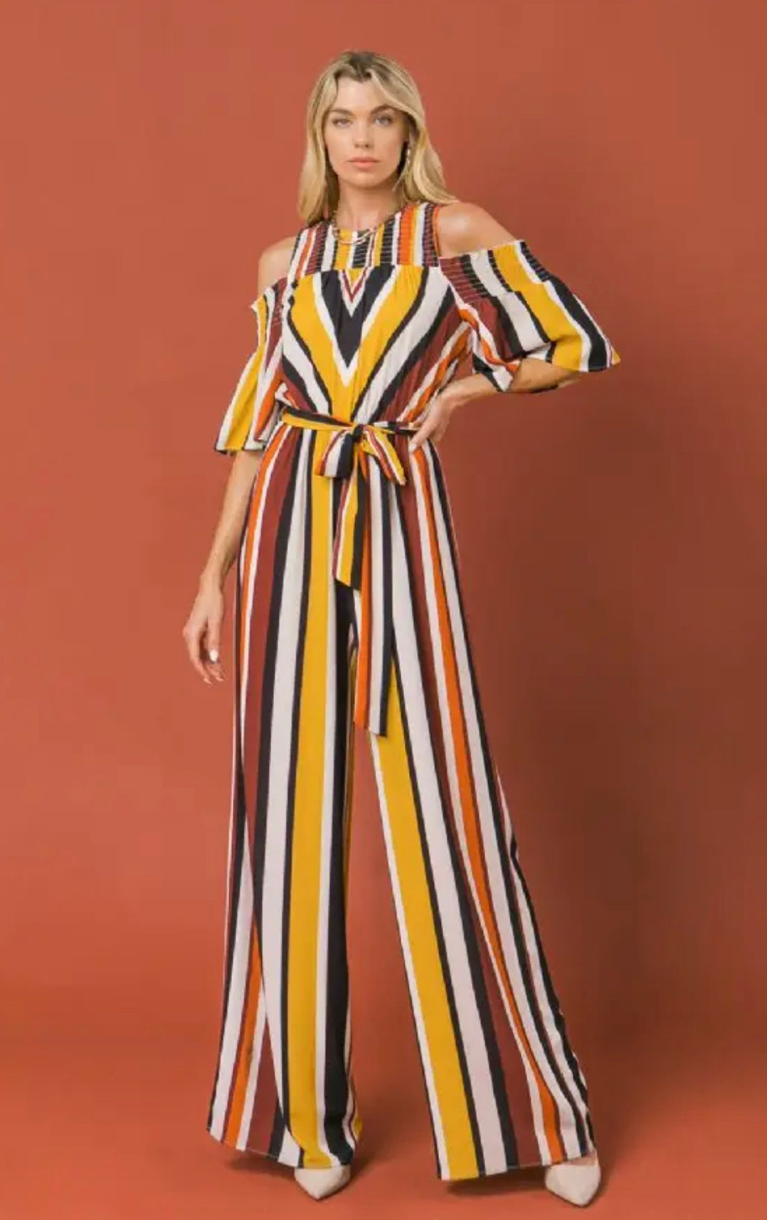 Open Shoulder Stripe Jumpsuit, Sizes Small - Large