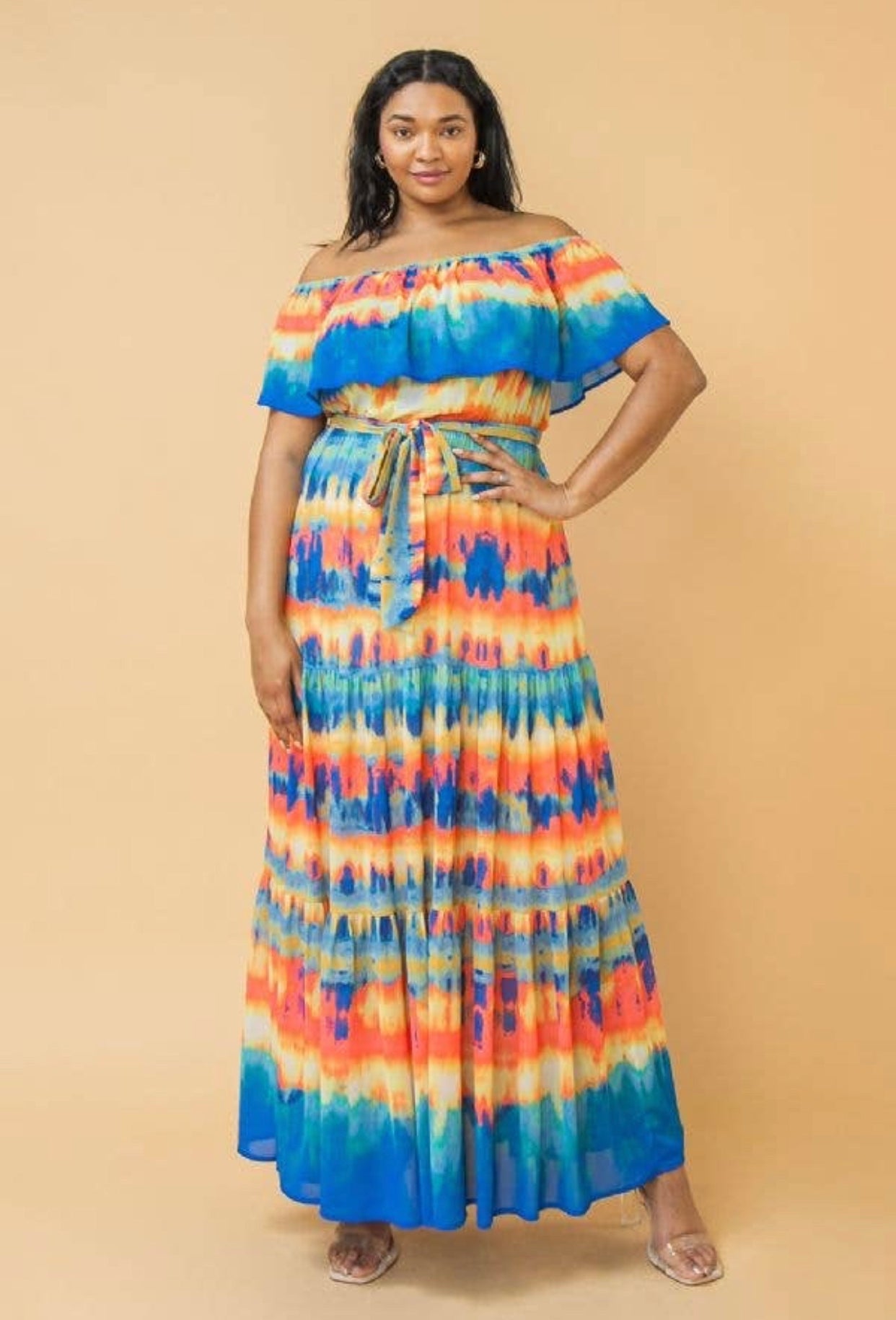 Blue Coral Flounce Neckline Maxi Dress, Sizes 1X - 3X