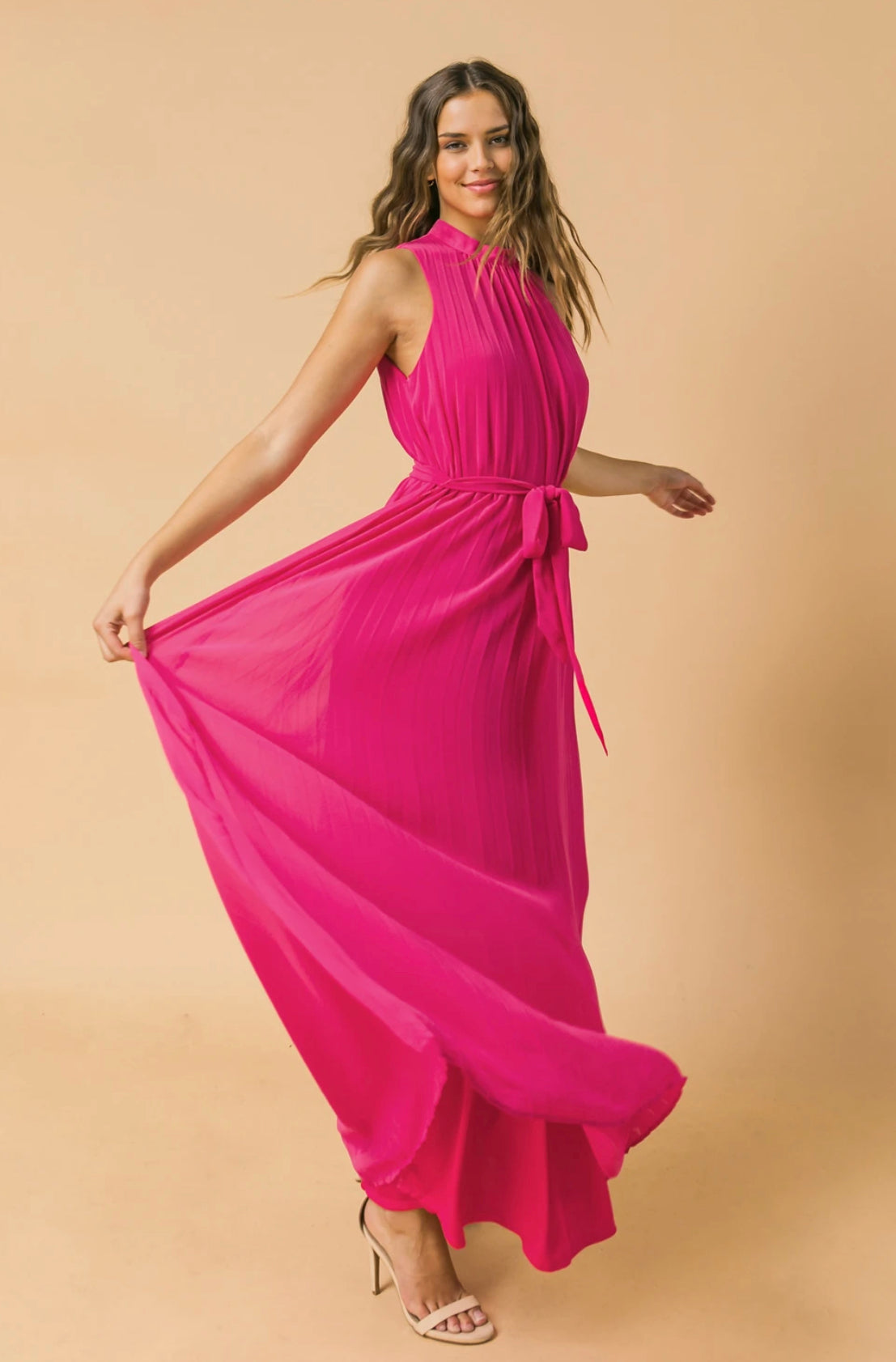 I Owe You Woven Maxi Dress - Solid Fuchsia Woven Baby Pleated Dress, Sizes Small to Large