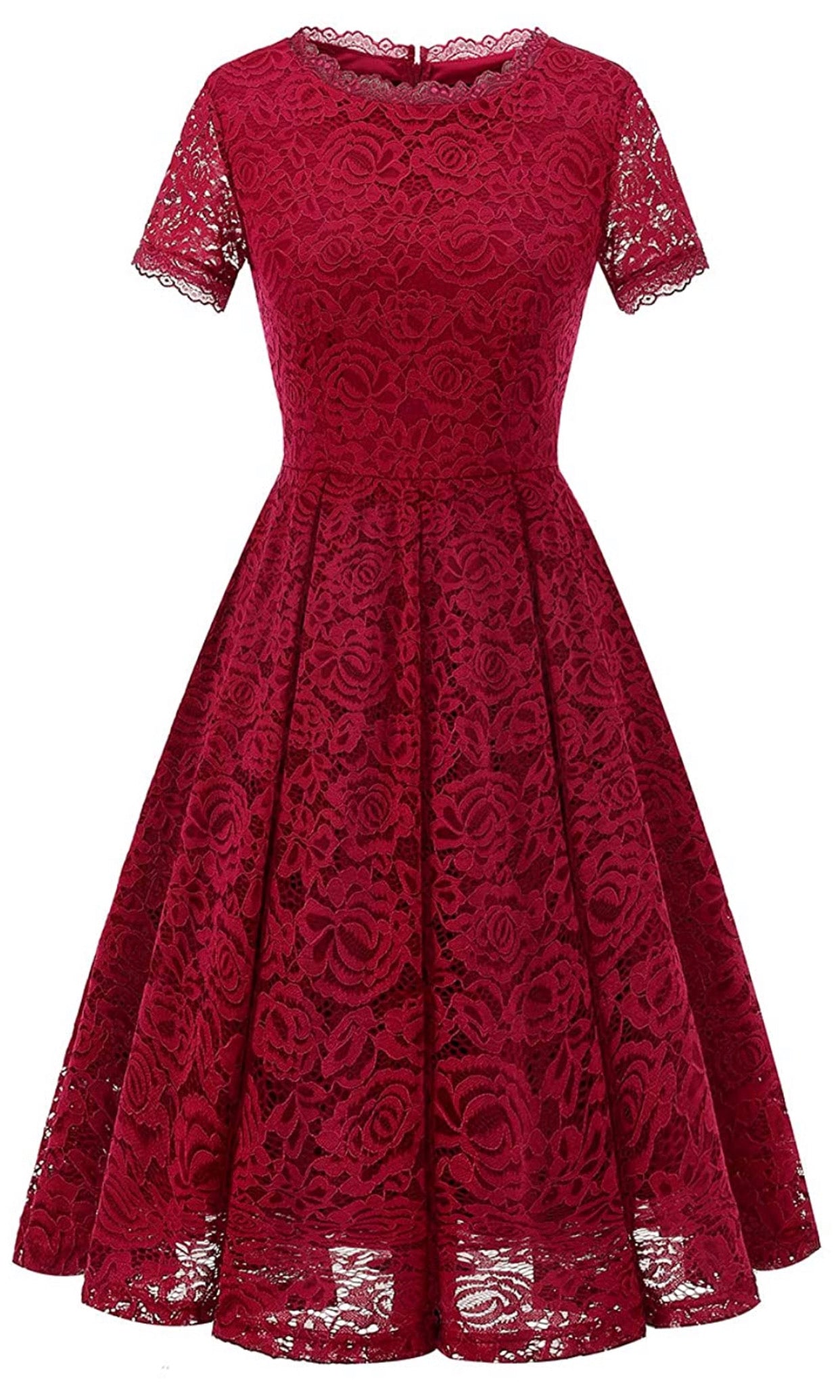 Short Burgundy Dress With Sleeves. Bridesmaid Lace Dress Knee