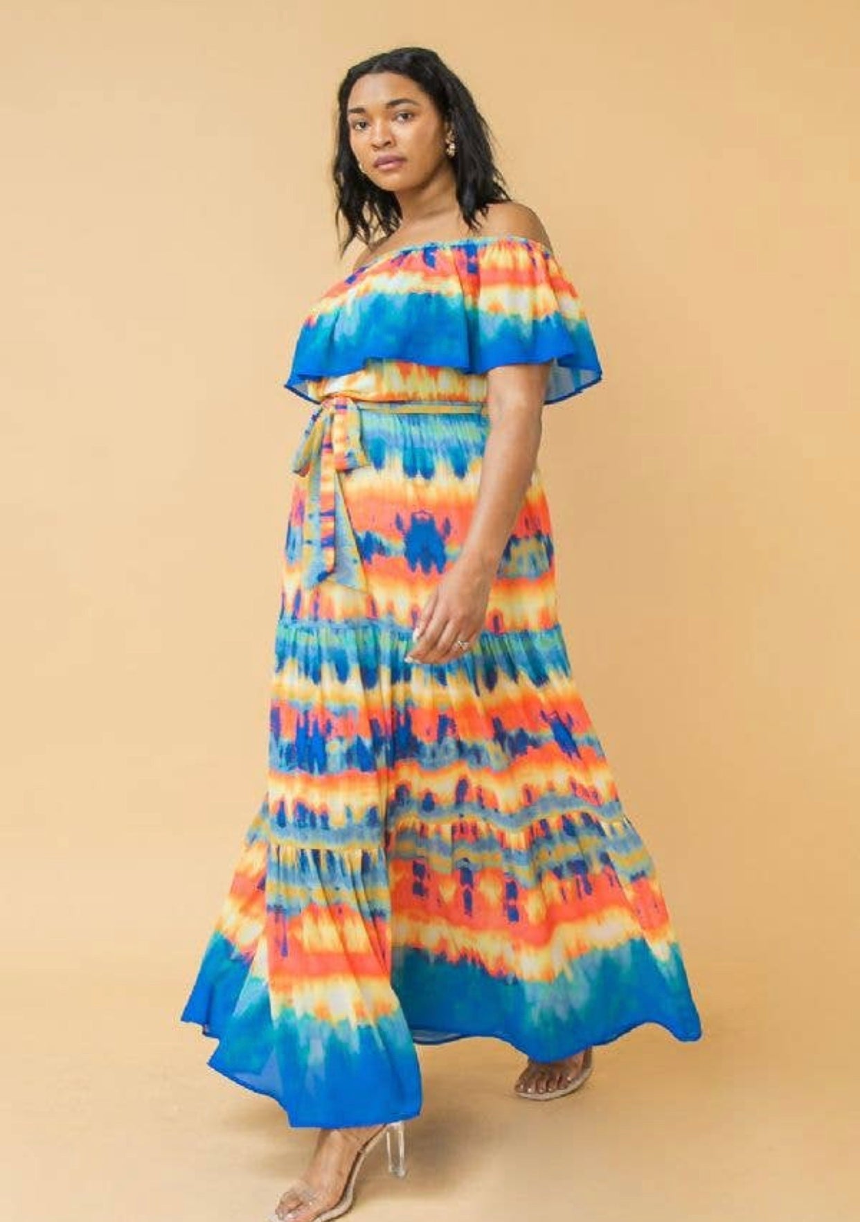 Blue Coral Flounce Neckline Maxi Dress, Sizes 1X - 3X