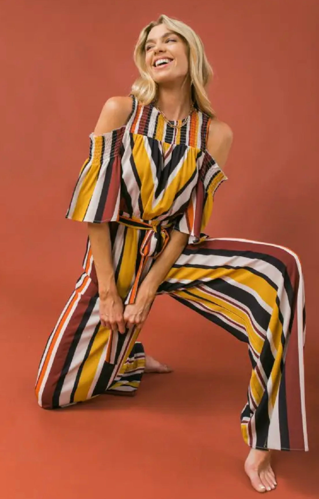 Open Shoulder Stripe Jumpsuit, Sizes Small - Large