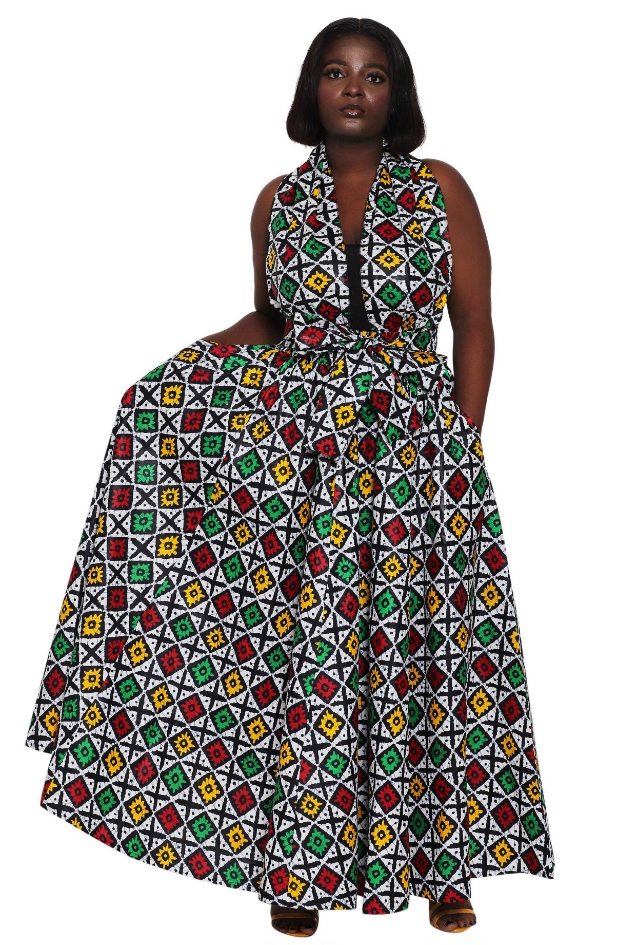 Hand Made African Print Full Skirt with Coordinating Head Wrap and Facemask (Red, Green, Yellow Squares)