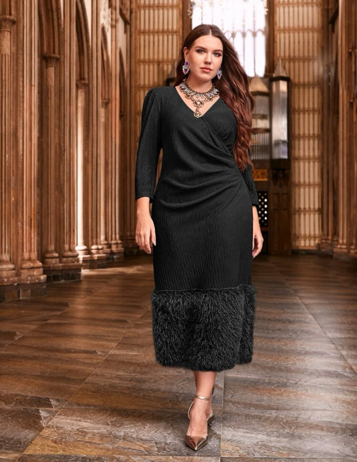 Surplice Neck Fuzzy Hem Dress