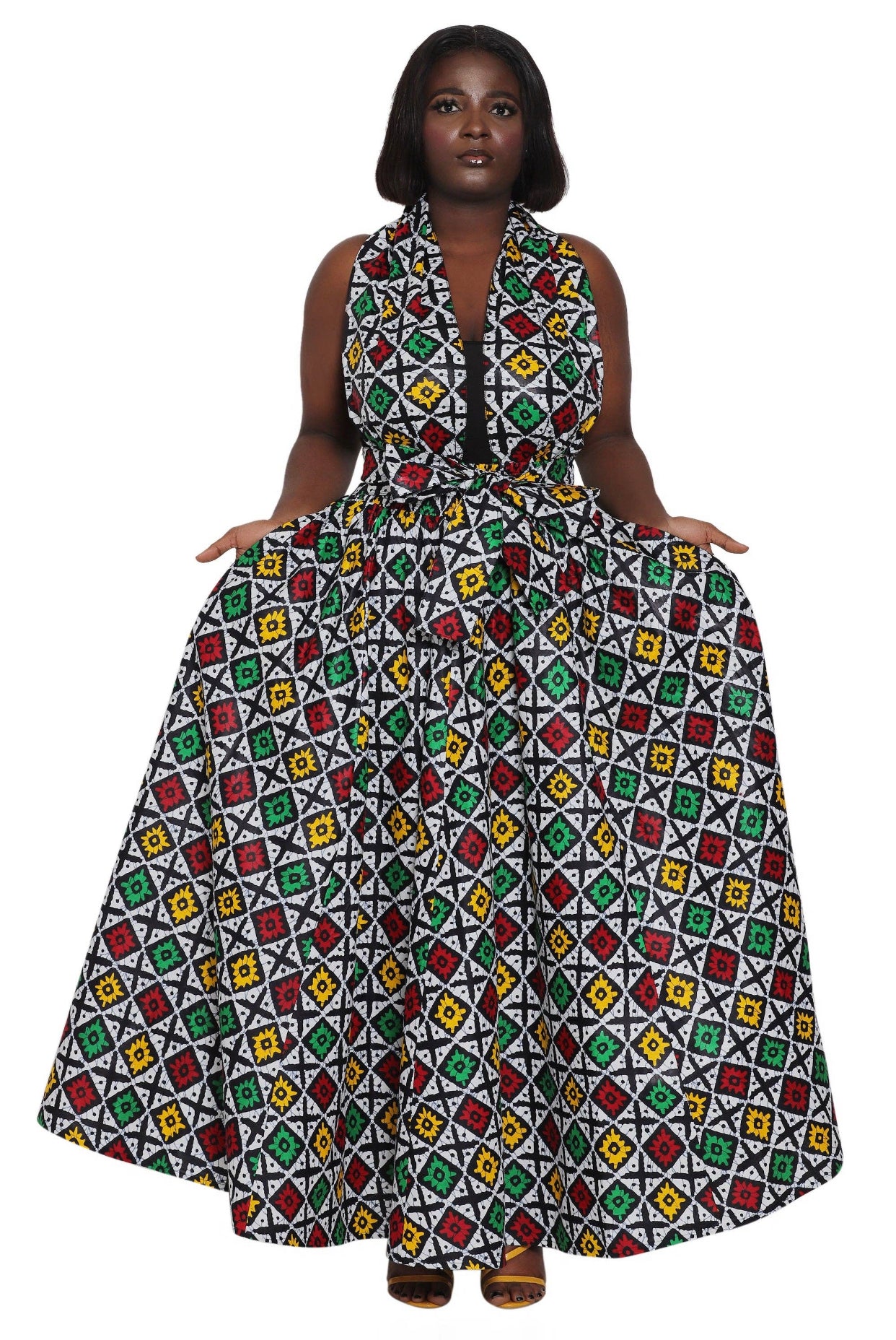 Hand Made African Print Full Skirt with Coordinating Head Wrap and Facemask (Red, Green, Yellow Squares)