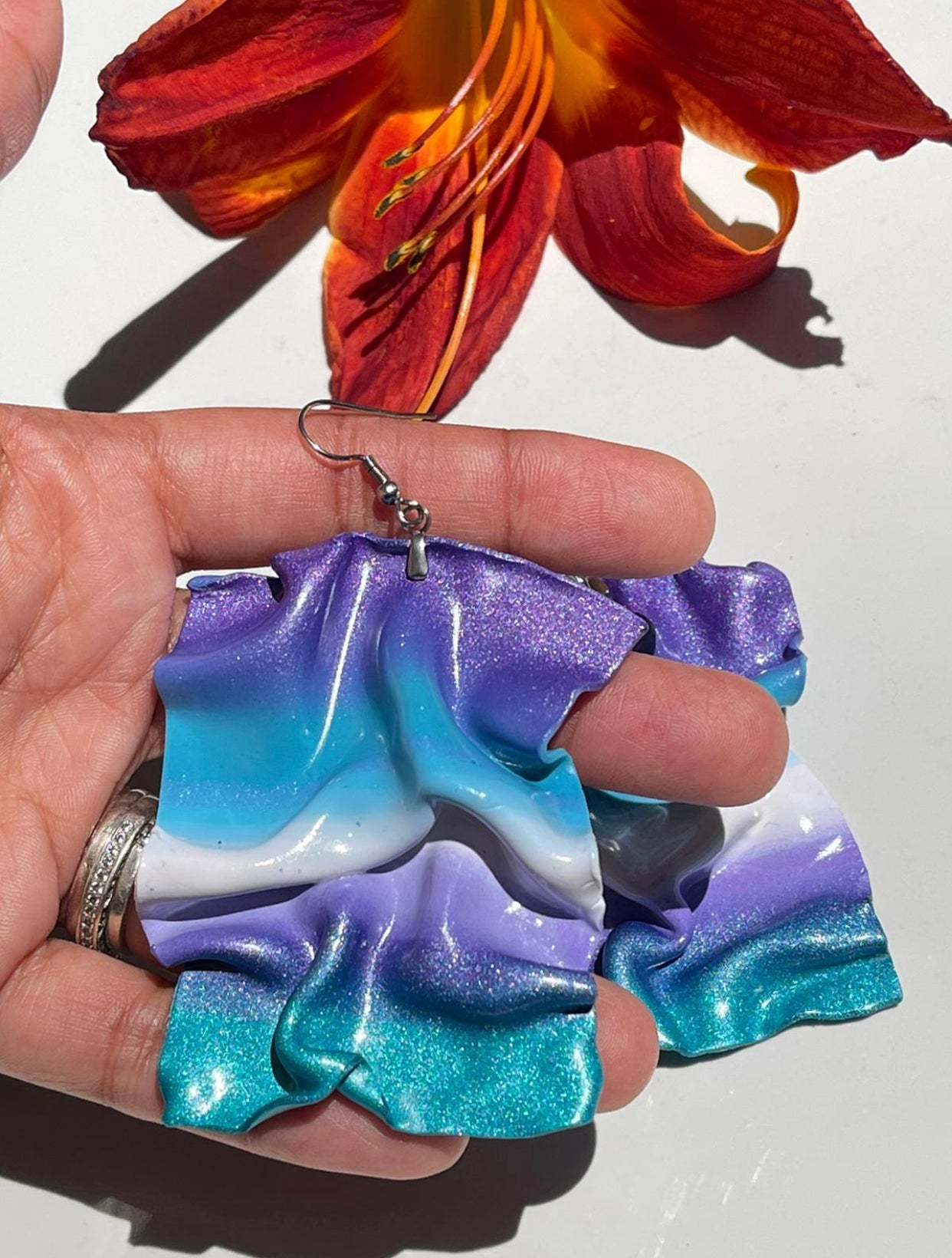 Hand Made Violet Blue White Small Drape Earrings