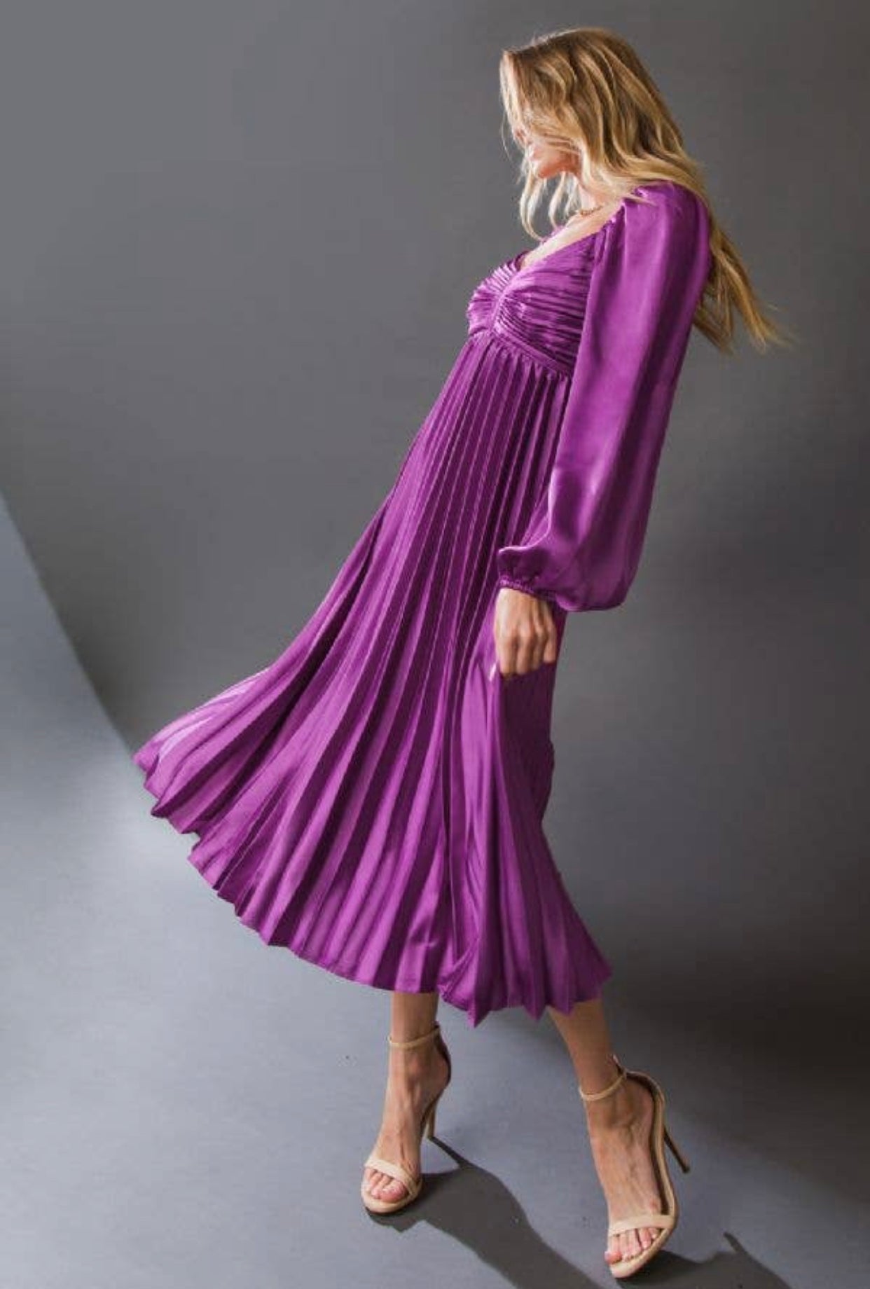 Dark Orchid Satin Bishop Sleeve Dress (Sizes Small - Large)