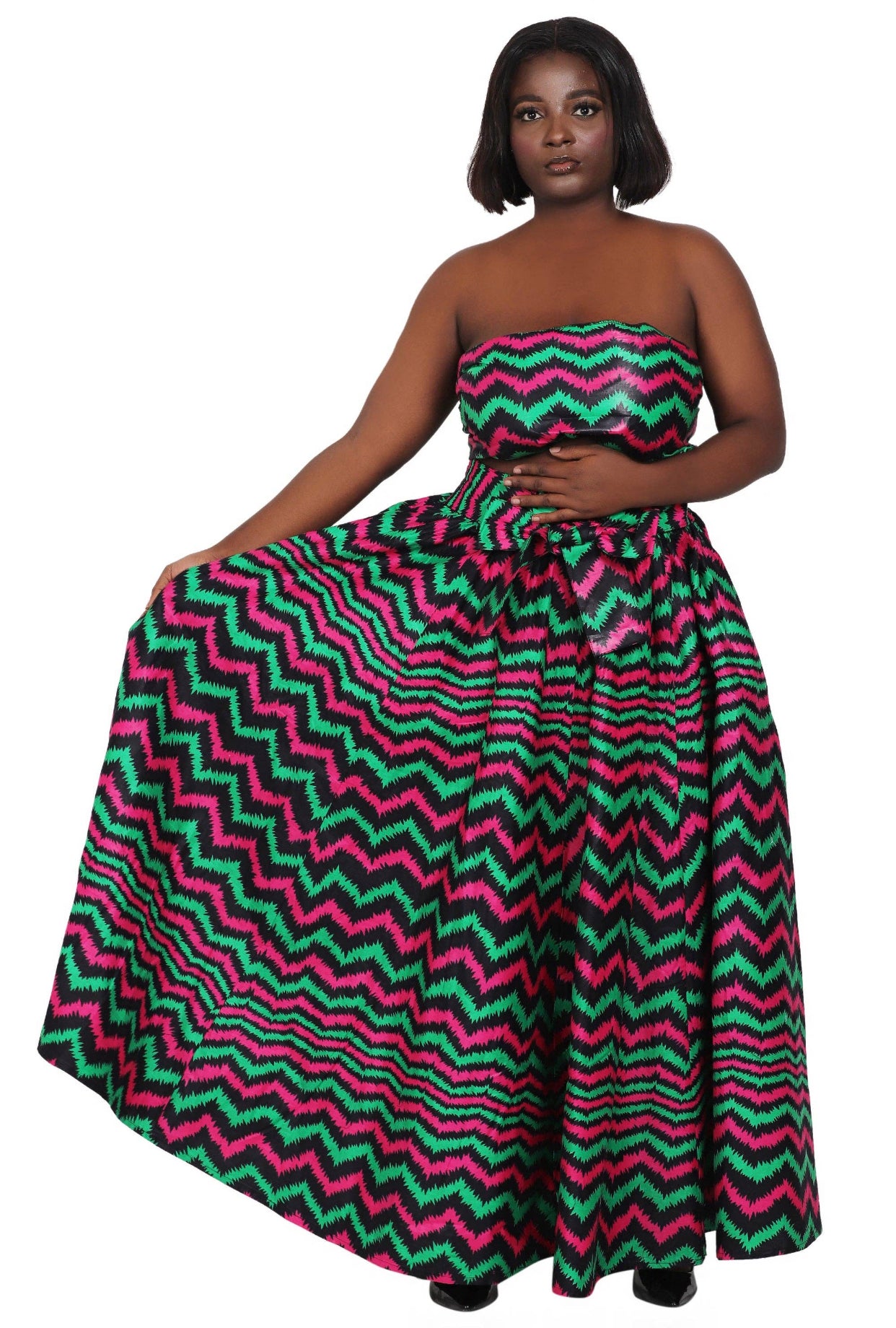 Hand Made African Print Full Skirt with Coordinating Head Wrap and FaceMask (Magenta, Green, Black)