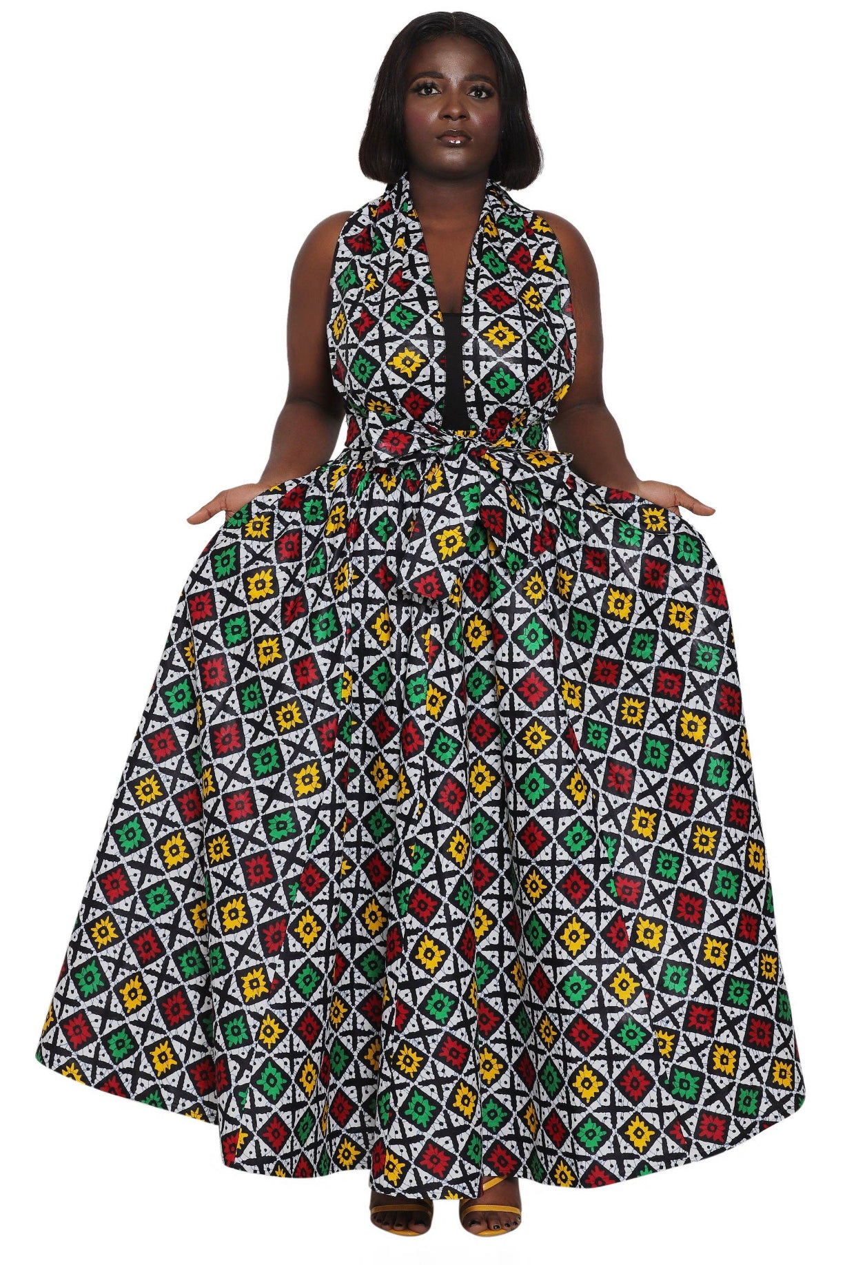 Hand Made African Print Full Skirt with Coordinating Head Wrap and Facemask (Red, Green, Yellow Squares)