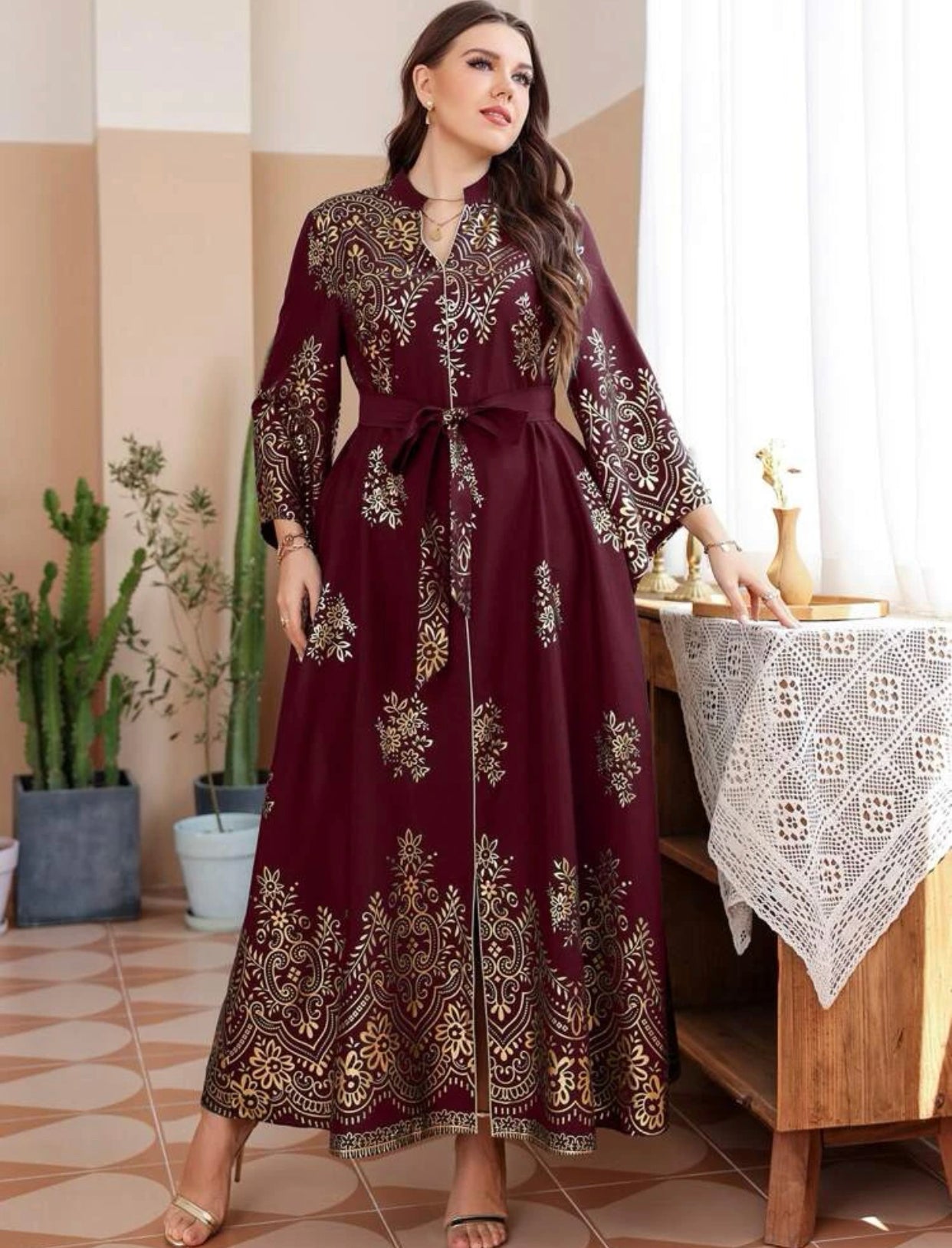 Burgundy Gold Floral Indian/ Arabic Dress (US Sizes 12 - 20)