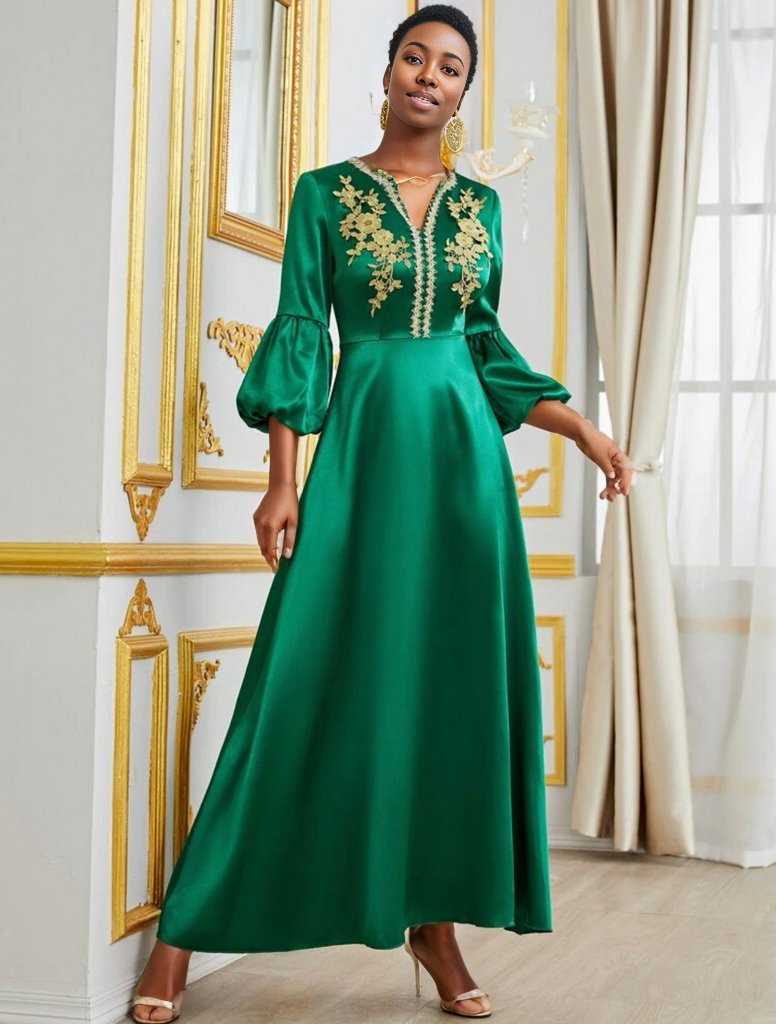 Floral Embroidered Lantern Sleeve Dress