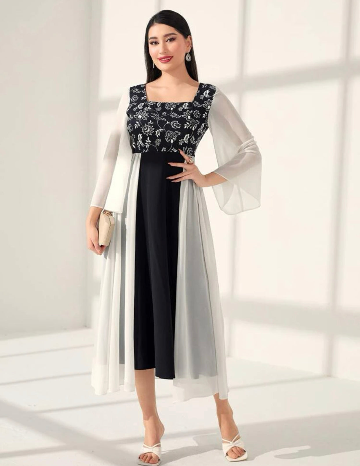 Asymmetrical Embroidered Trumpet Sleeve Dress