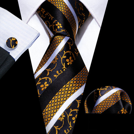 Men’s Silk Coordinated Tie Set - Black Gold Striped Paisley (6313)