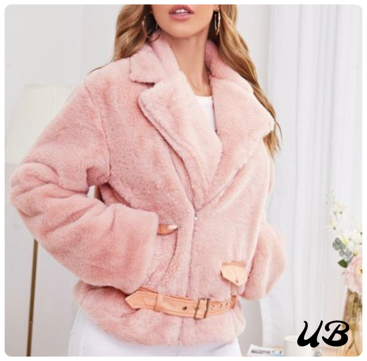FLUFFY LAPEL COLLAR LONG SLEEVE BELTED COAT, Sizes XSmall - Large