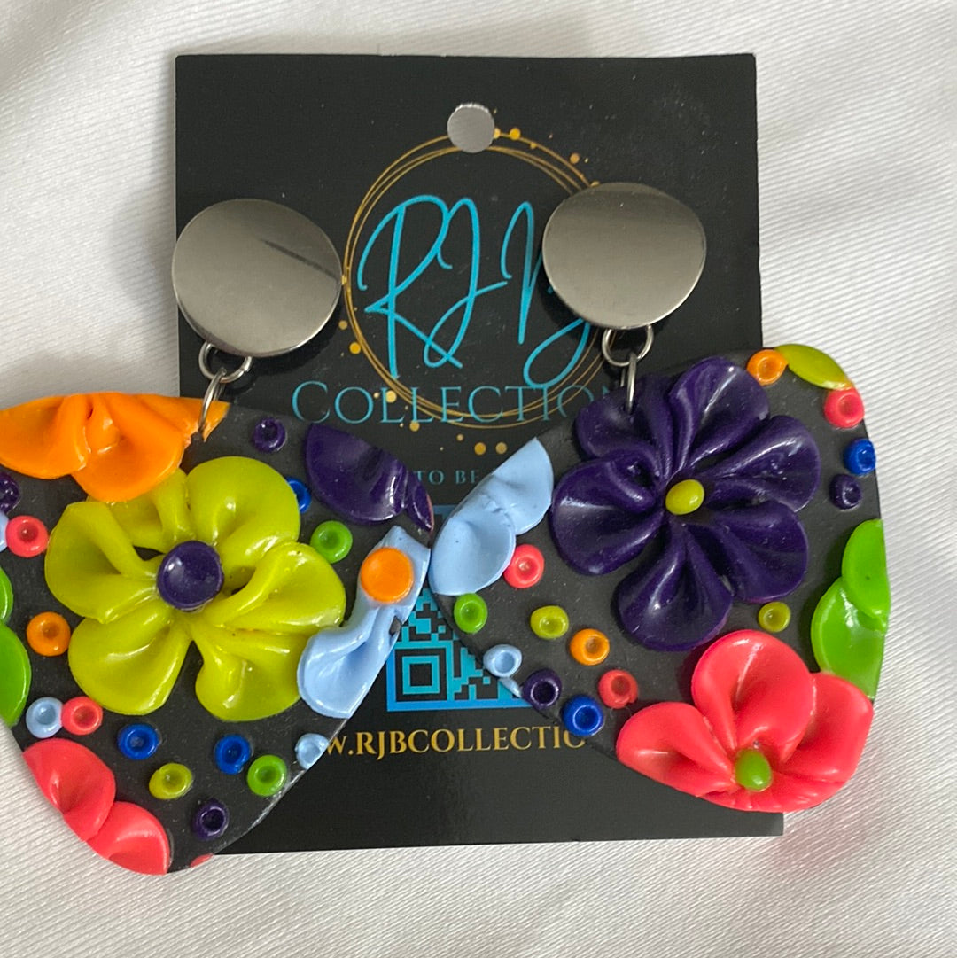 Handmade Silver Top 3D Floral Dangle Pierced Earrings