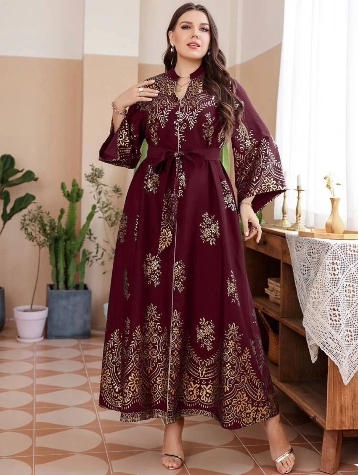 Burgundy Gold Floral Indian/ Arabic Dress (US Sizes 12 - 20)