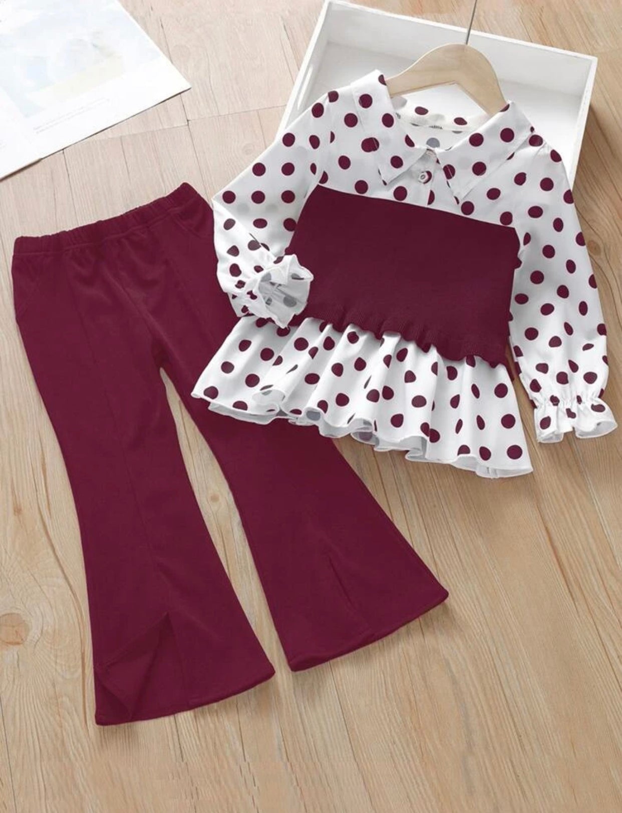 Girls Polka Dot Print Flounce Sleeve Top & Split Hem Flare Leg Pants (Sizes 3 year - 10 year)