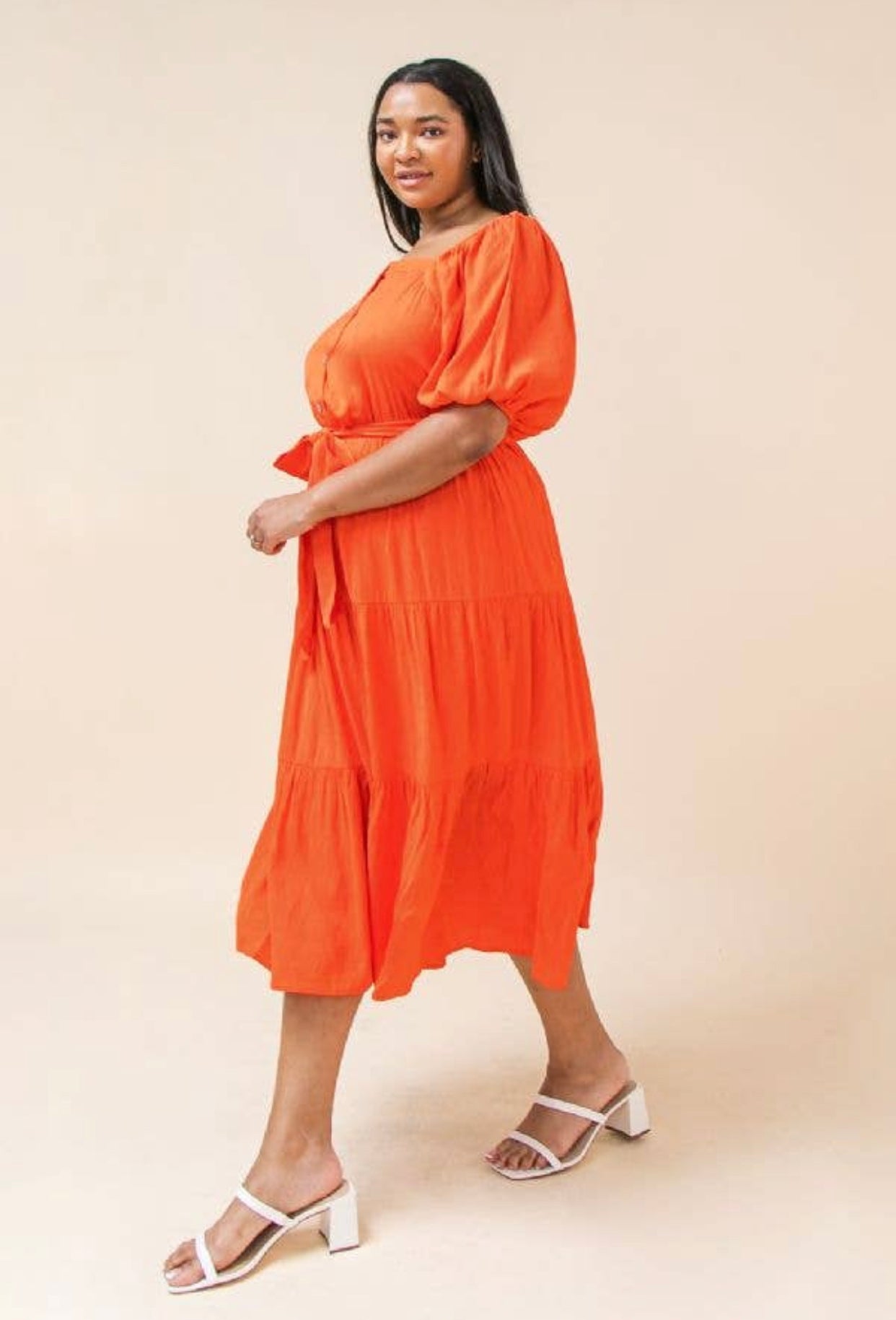 Solid Coral Midi Dress, Sizes 1X - 3X