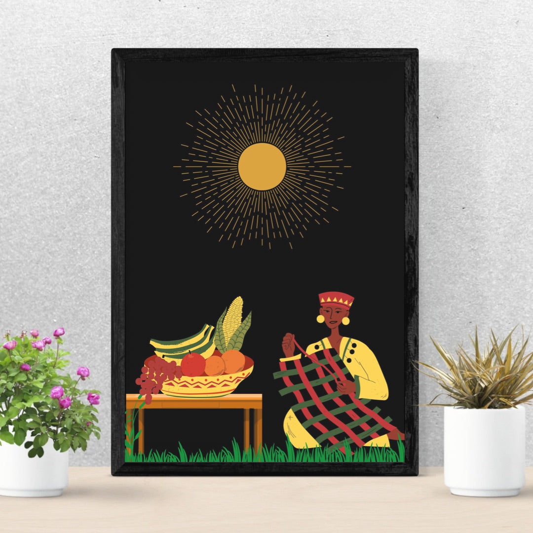 Beautiful 18” x 24” African Summer Print with beautiful woman creating Framed Art
