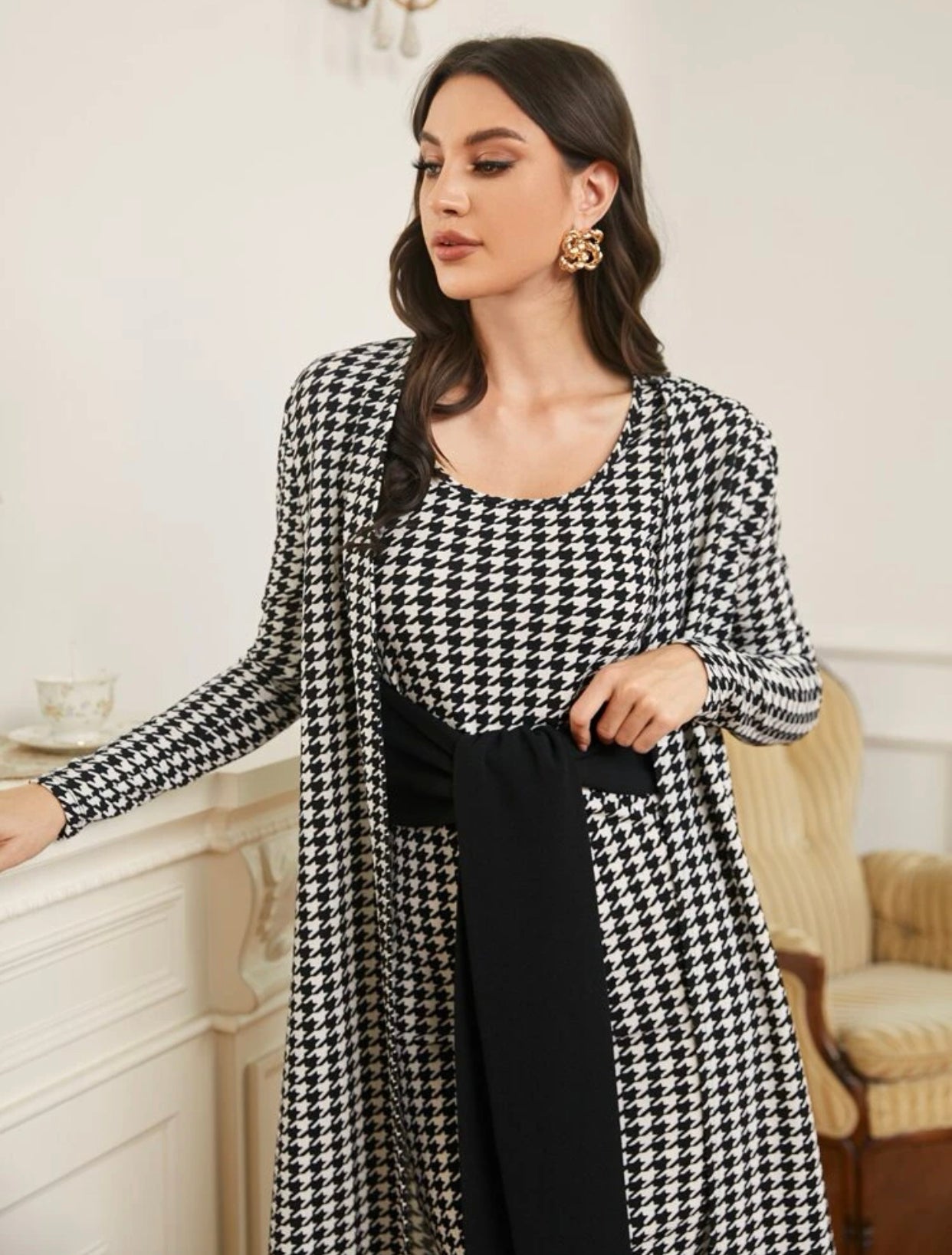 Houndstooth Open Front Coat and Tie Front Dress, US Sizes 0 - 20