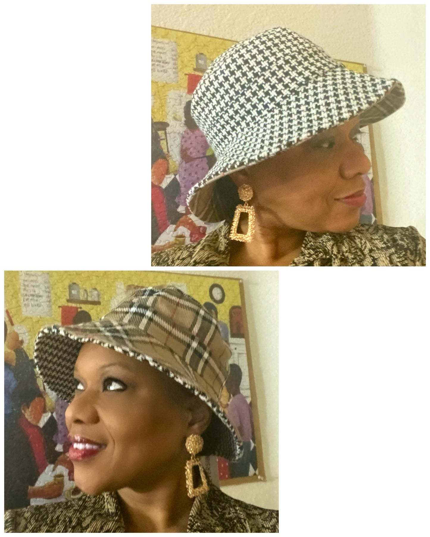 Reversible Bucket Hat - Brown Plaid & Classic Houndstooth