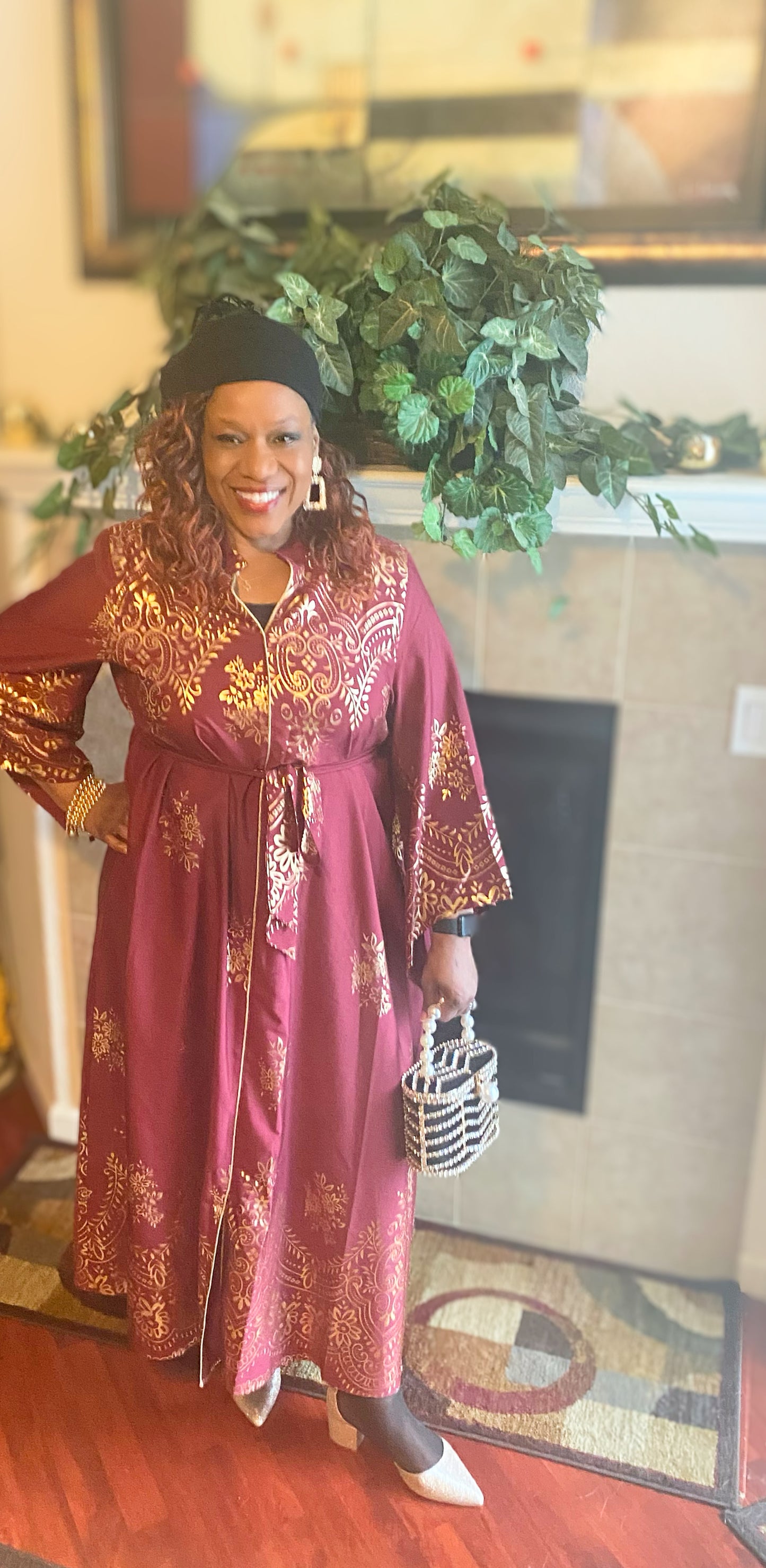 Burgundy Gold Floral Indian/ Arabic Dress (US Sizes 12 - 20)