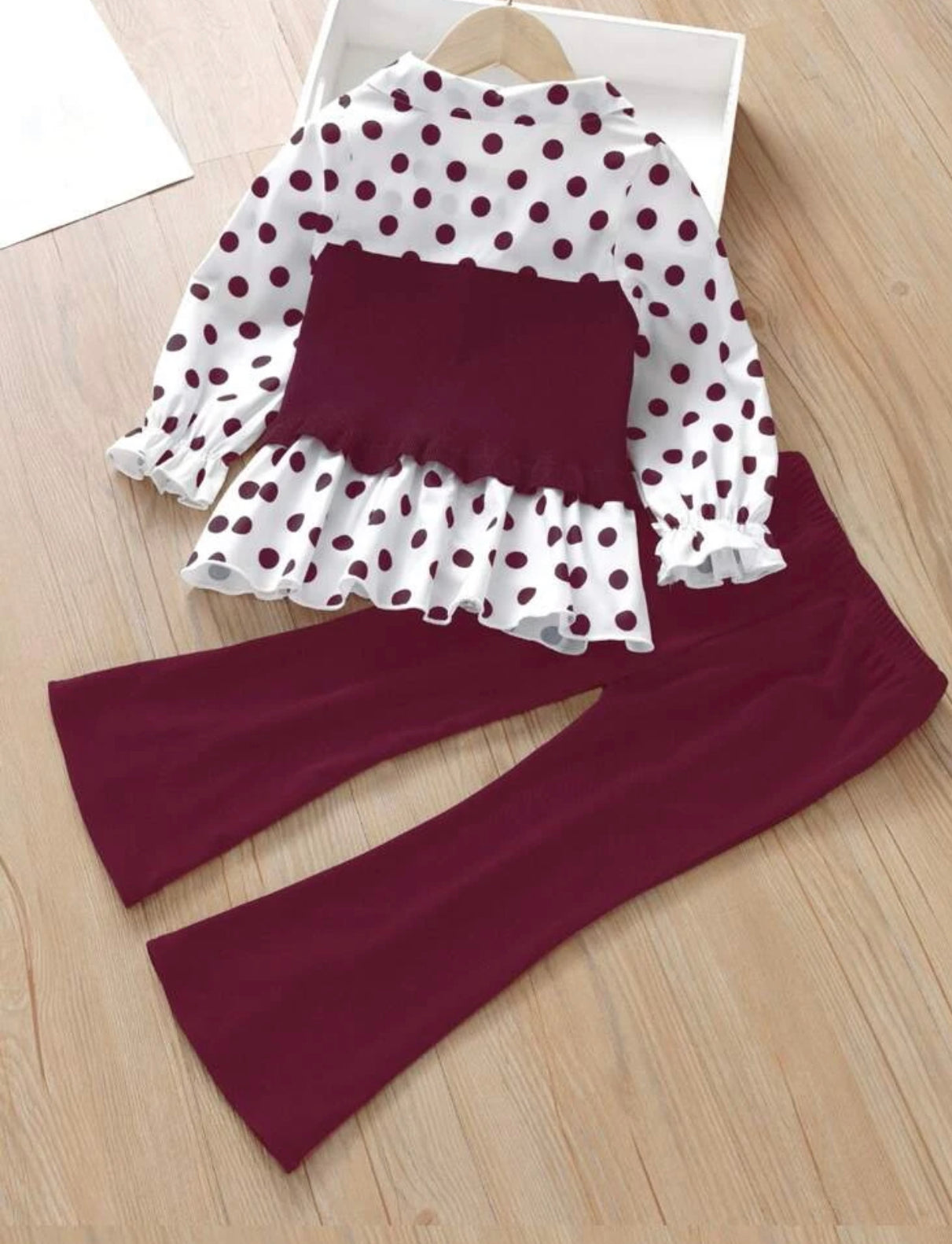 Girls Polka Dot Print Flounce Sleeve Top & Split Hem Flare Leg Pants (Sizes 3 year - 10 year)