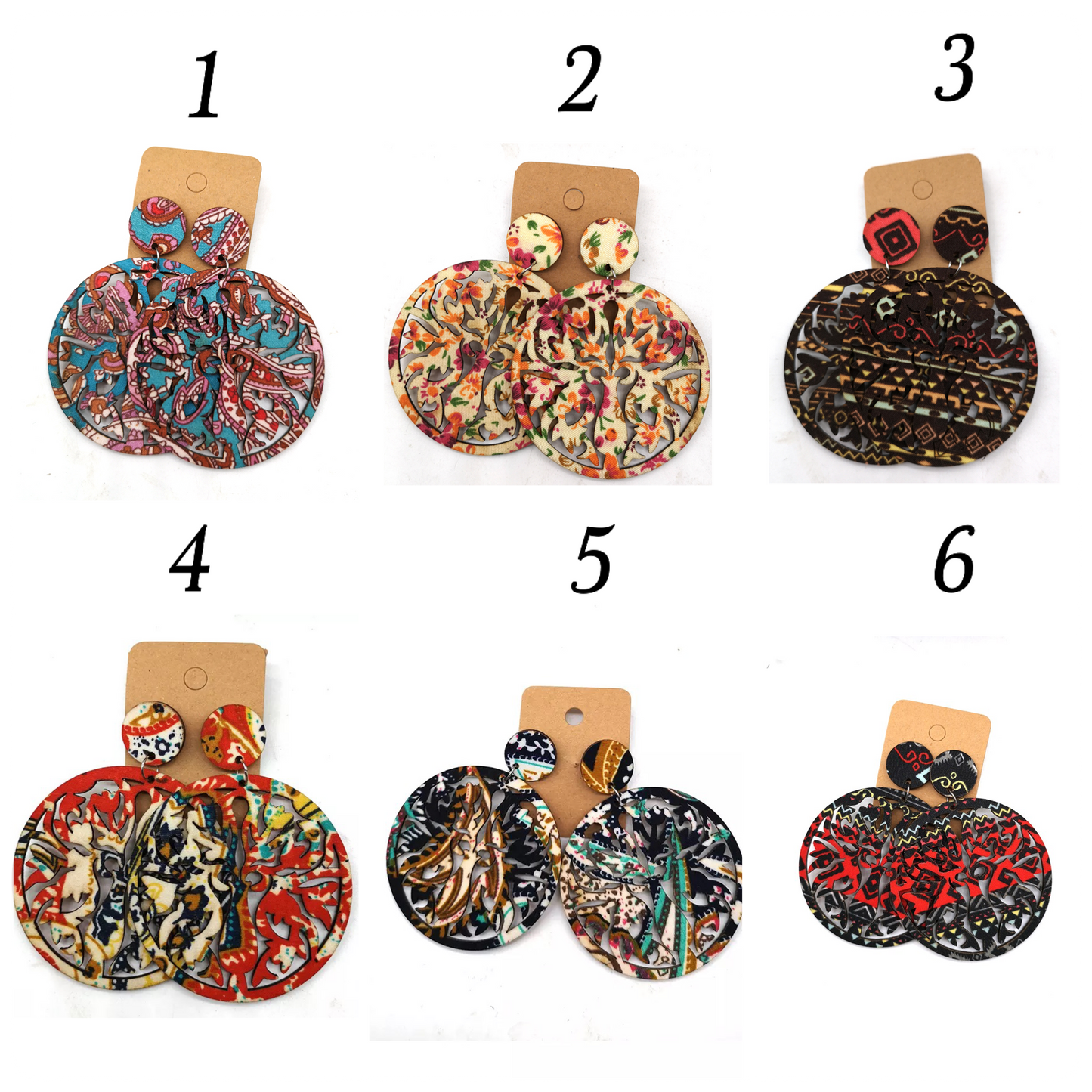 Round Hand Made Fabric African Print Wooden Earrings