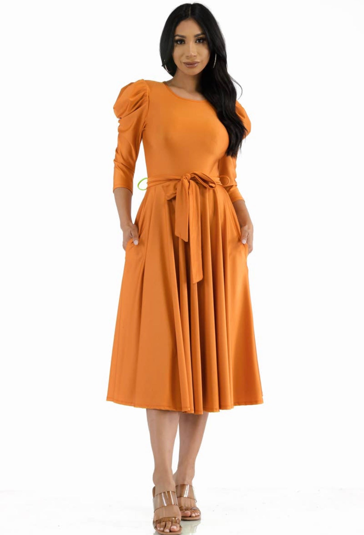 Puff Sleeve Cocktail Dress, Sizes 1X - 3X (Orange)