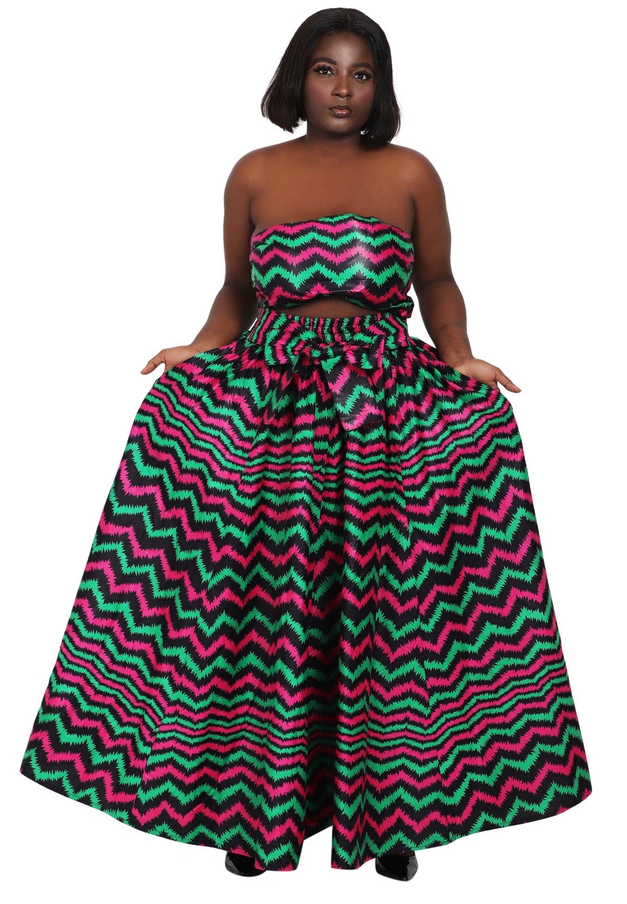 Hand Made African Print Full Skirt with Coordinating Head Wrap and FaceMask (Magenta, Green, Black)