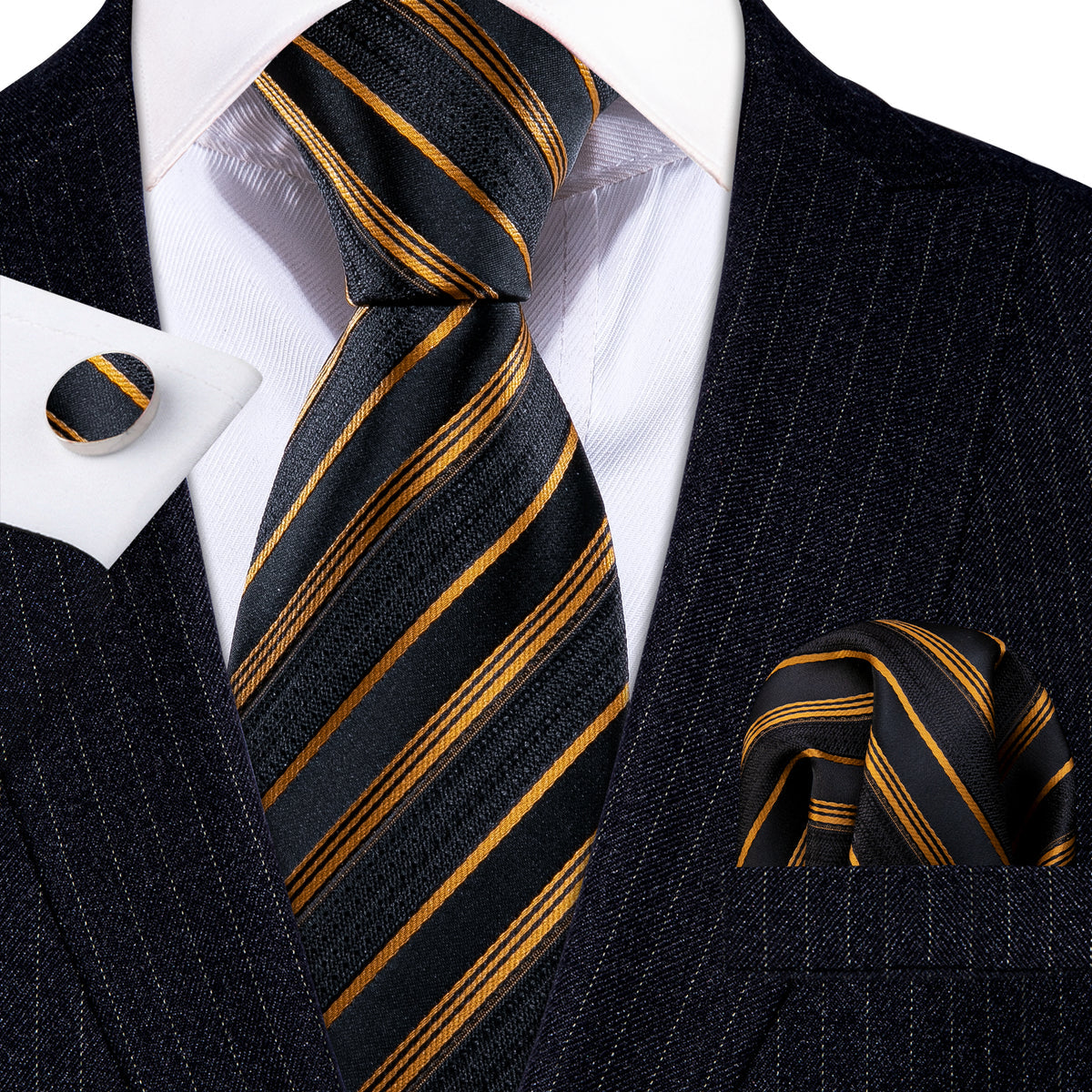 Men’s Silk Coordinated Tie Set - Gold Black Stripe (6020)