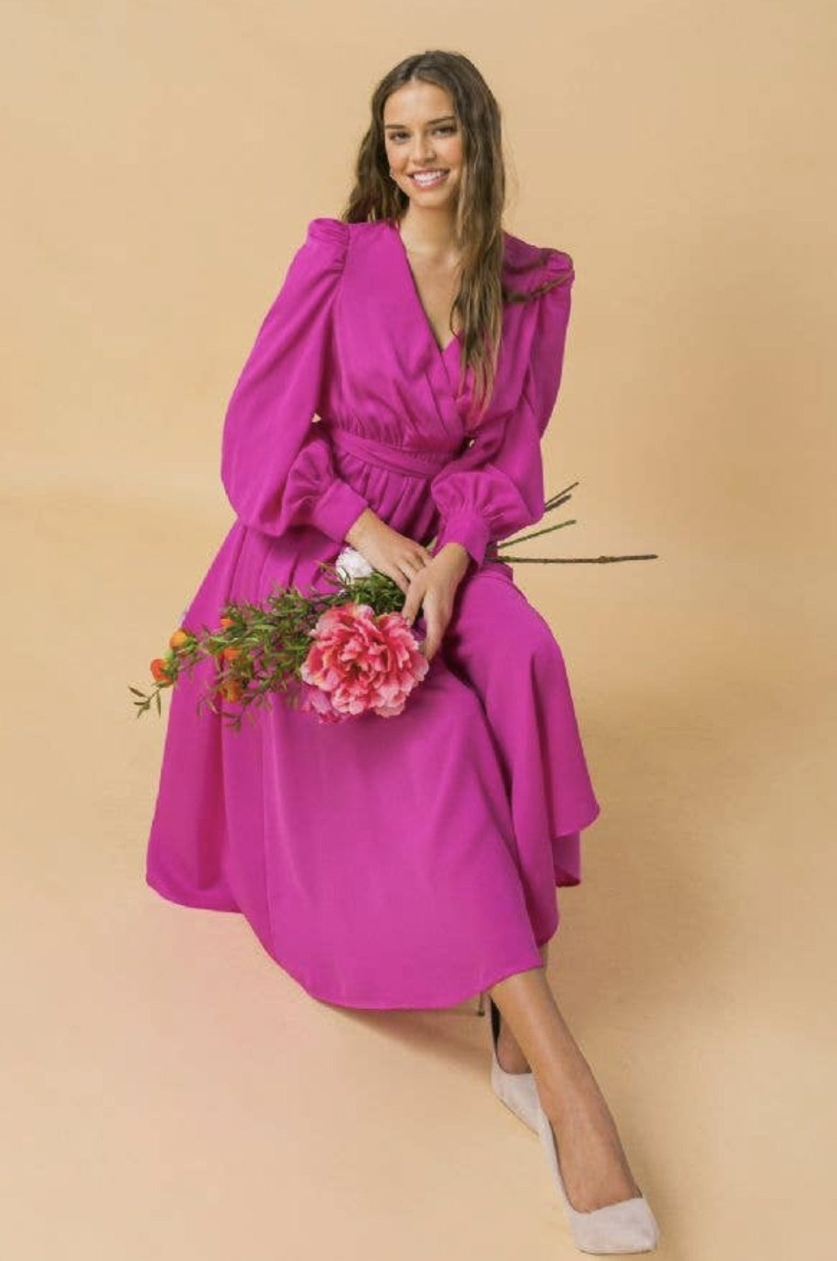Solid Fuchsia Midi Dress, Sizes Small - Large - Pink Solid Fuchsia Midi Dress, Sizes Small - Large - Pink