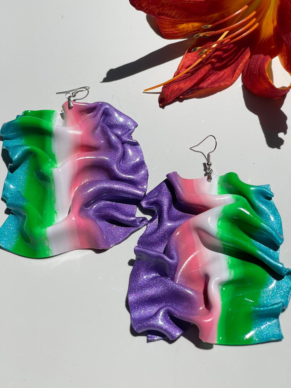 Hand Made Violet Pink White Green Blue Large Drape Earrings