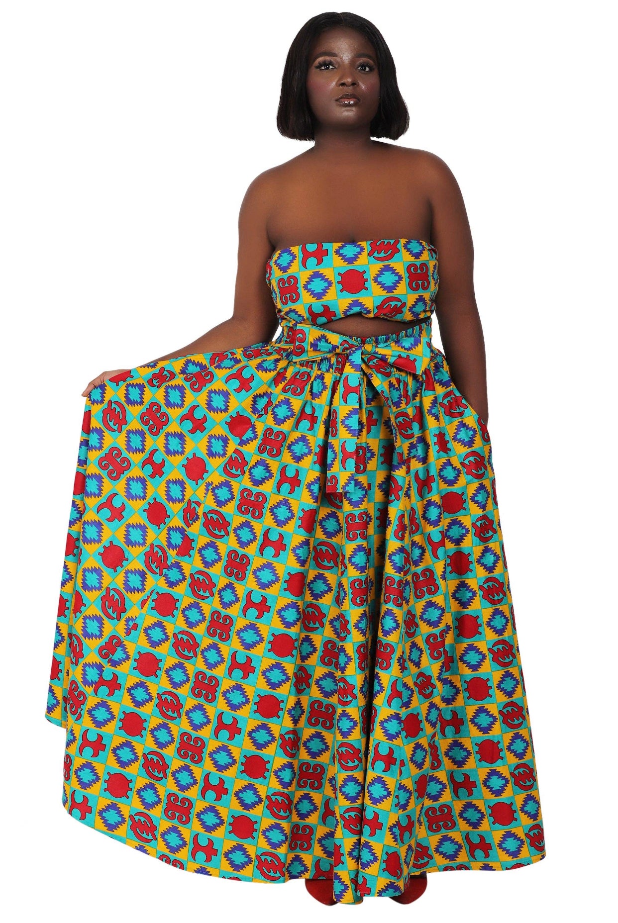 Hand Mad African Print Full Skirt with Coordinating Head Wrap and Facemask (Red, Blue, Yellow Patterns)