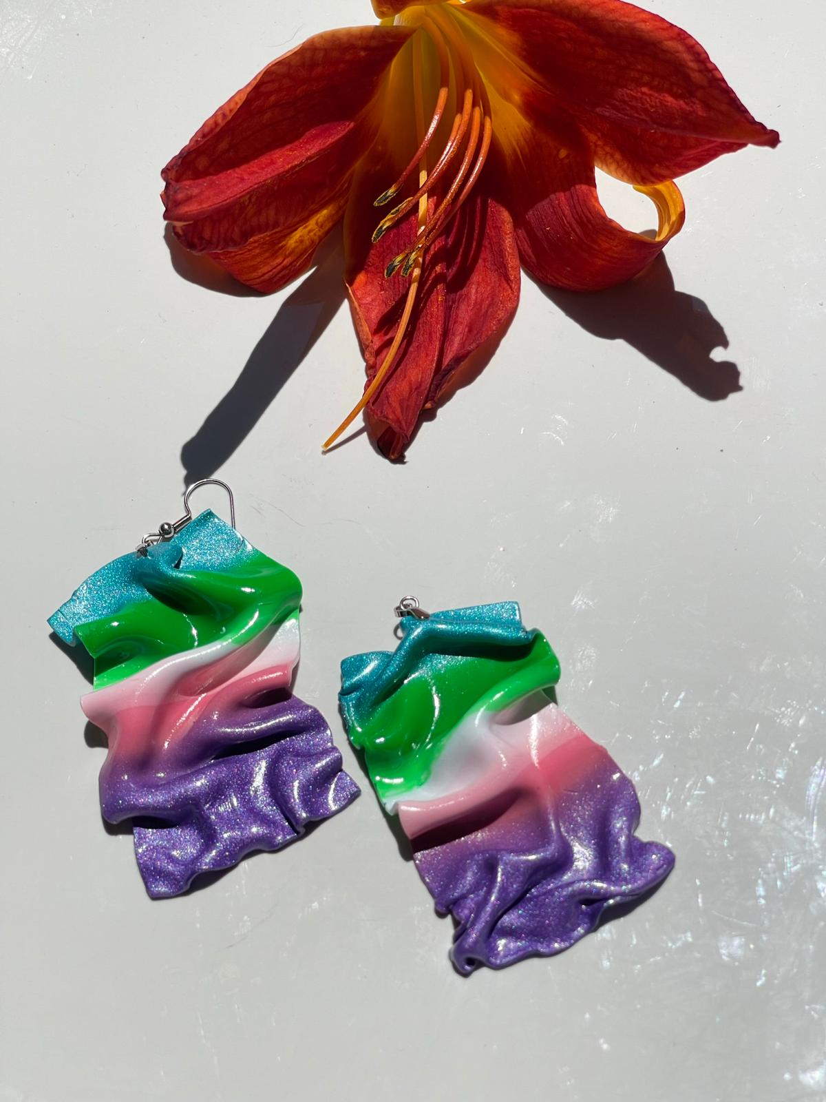 Hand Made Violet Pink Green Blue Small Drape Earrings