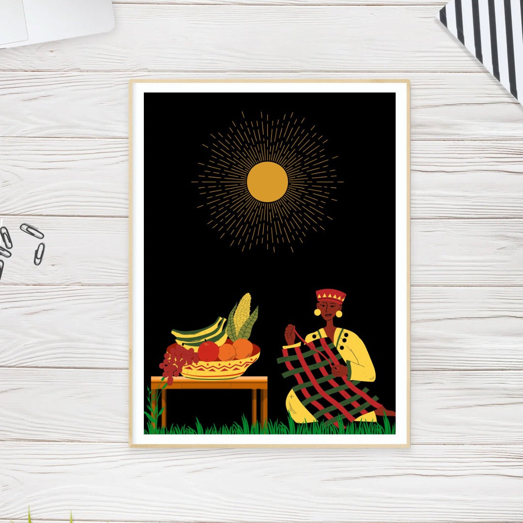 Beautiful 18” x 24” African Summer Print with beautiful woman creating Framed Art